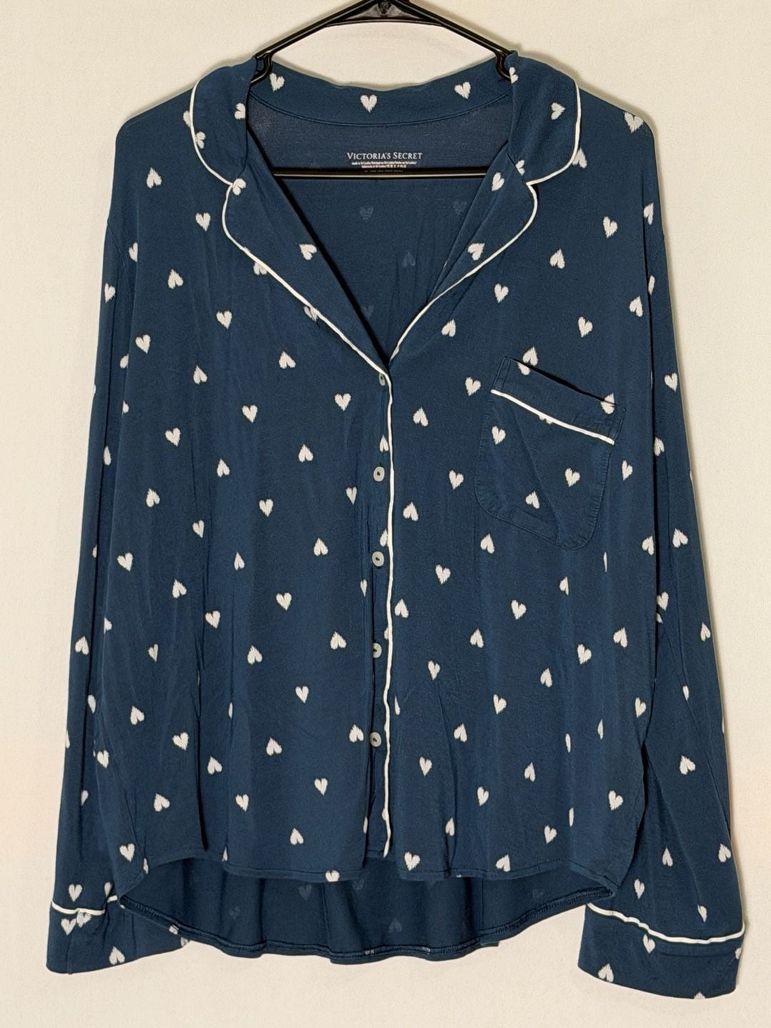 Victoria's Secret Modal Pajama Top Blue White Hearts Long Sleeve XL SHORT 2