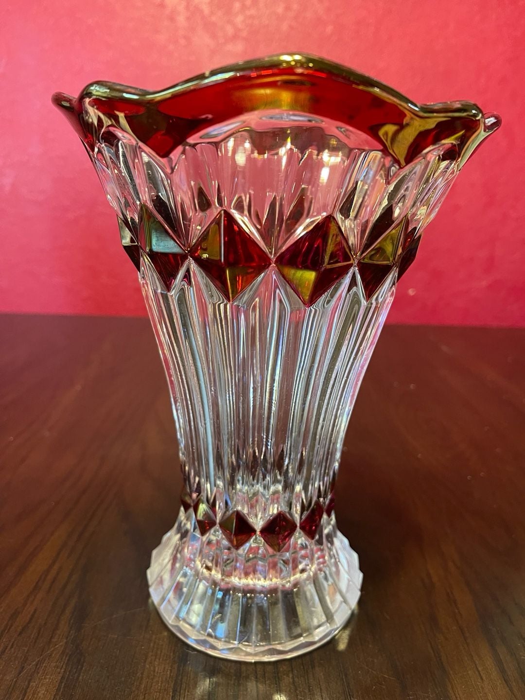 Vntg Anna Hütte Bleikristall "Mercedes" pattern 24% lead crystal ruby flash vase 3