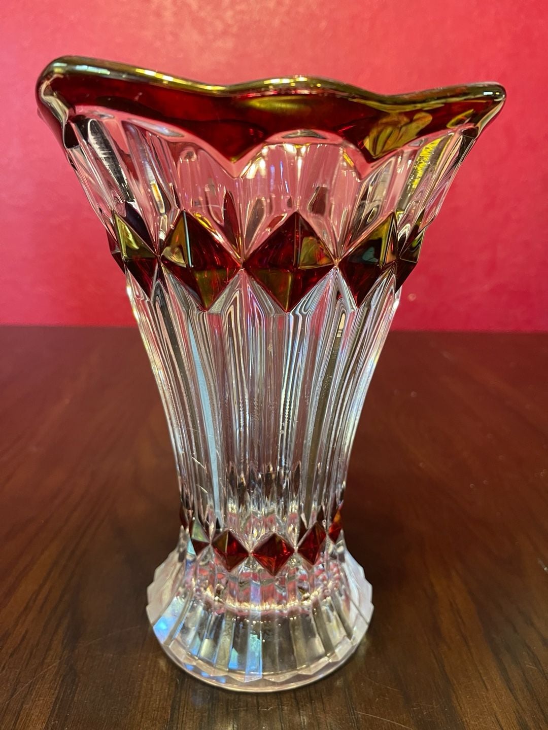 Vntg Anna Hütte Bleikristall "Mercedes" pattern 24% lead crystal ruby flash vase 5
