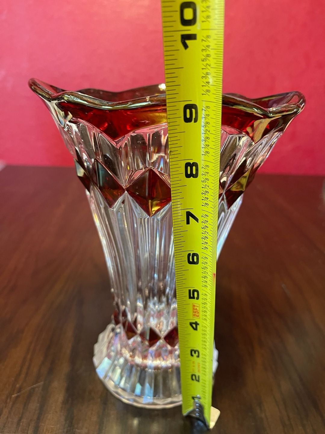Vntg Anna Hütte Bleikristall "Mercedes" pattern 24% lead crystal ruby flash vase 8