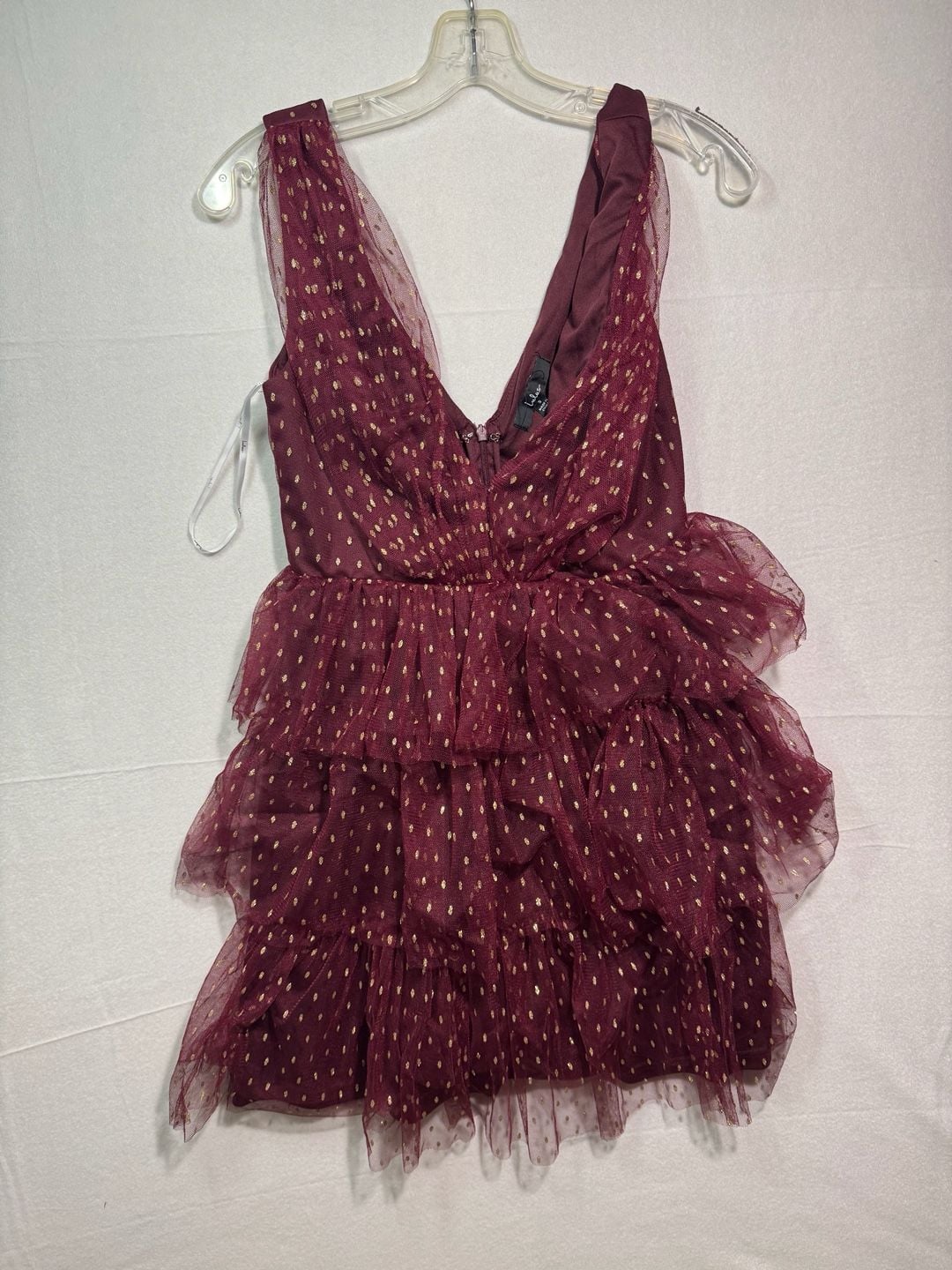 Lulus Tiered Tulle Dress Size S Burgundy Gold Dot Mini Dress 2