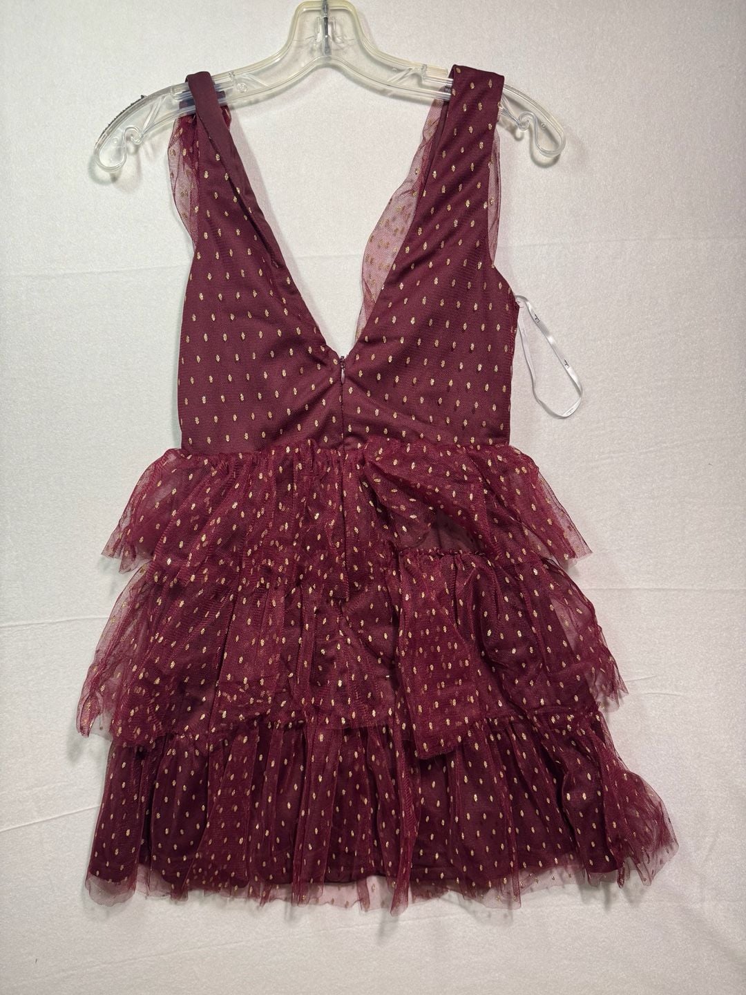Lulus Tiered Tulle Dress Size S Burgundy Gold Dot Mini Dress 3