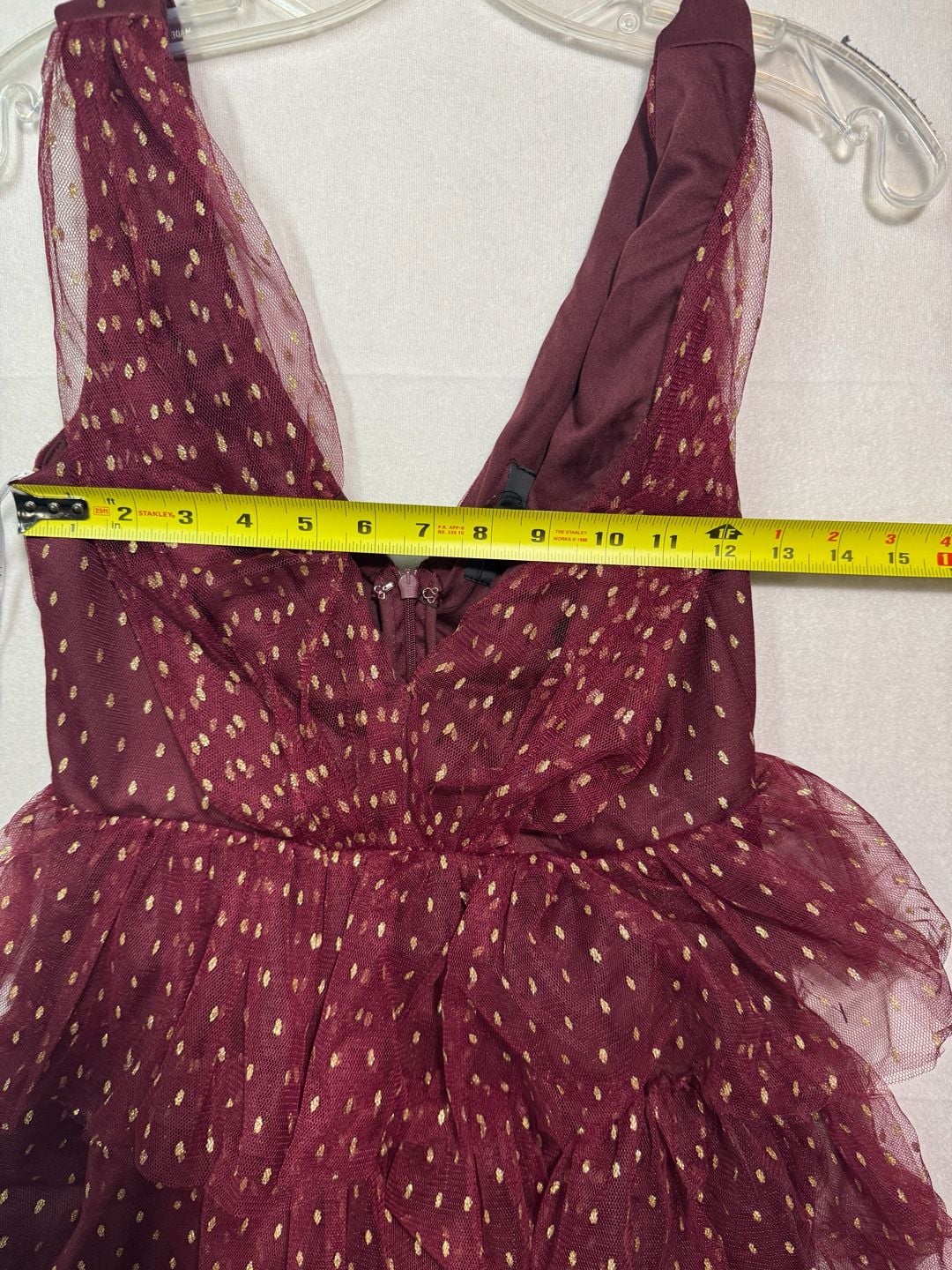 Lulus Tiered Tulle Dress Size S Burgundy Gold Dot Mini Dress 6
