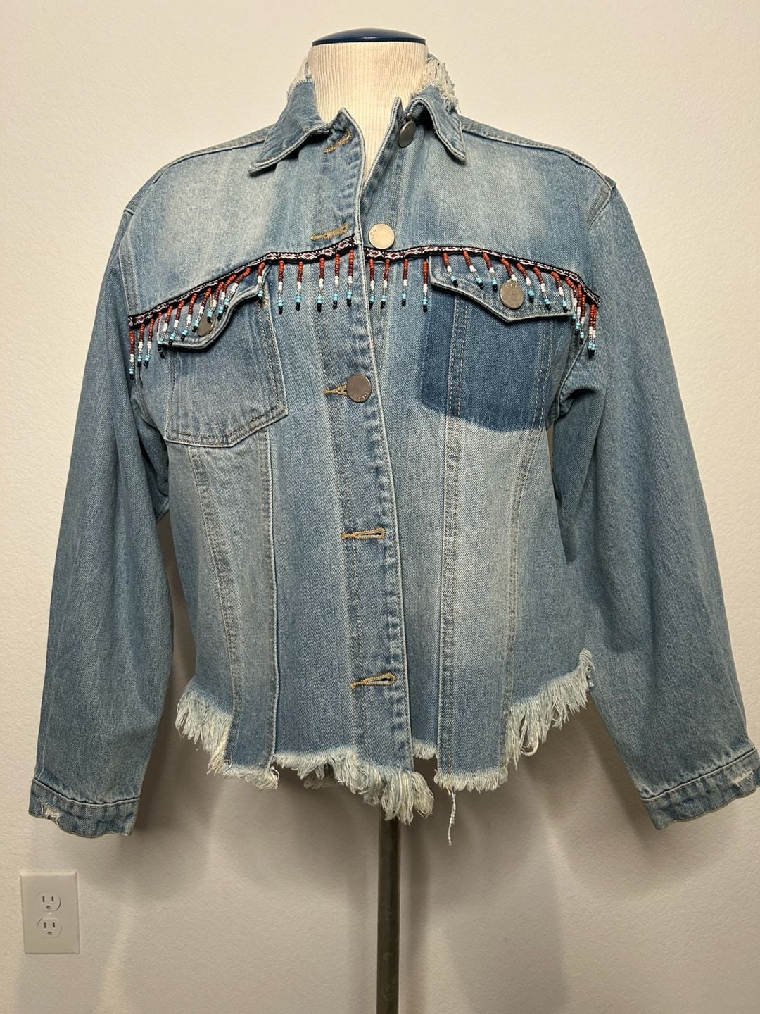 POL Beaded Fringe Denim Jacket Size M Blue Distressed Raw Hem 2