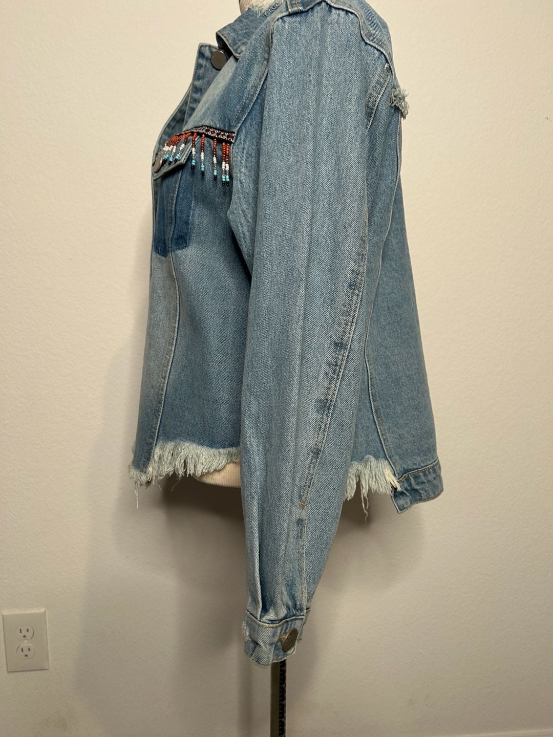 POL Beaded Fringe Denim Jacket Size M Blue Distressed Raw Hem 3