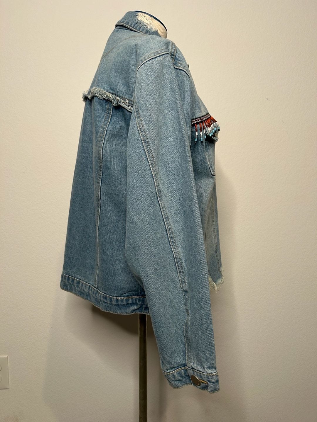 POL Beaded Fringe Denim Jacket Size M Blue Distressed Raw Hem 4