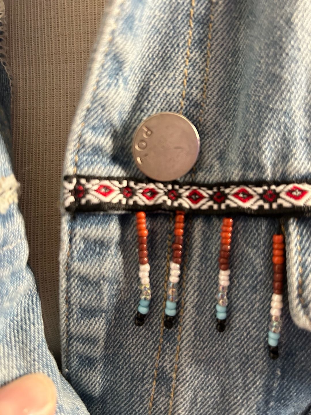 POL Beaded Fringe Denim Jacket Size M Blue Distressed Raw Hem 6