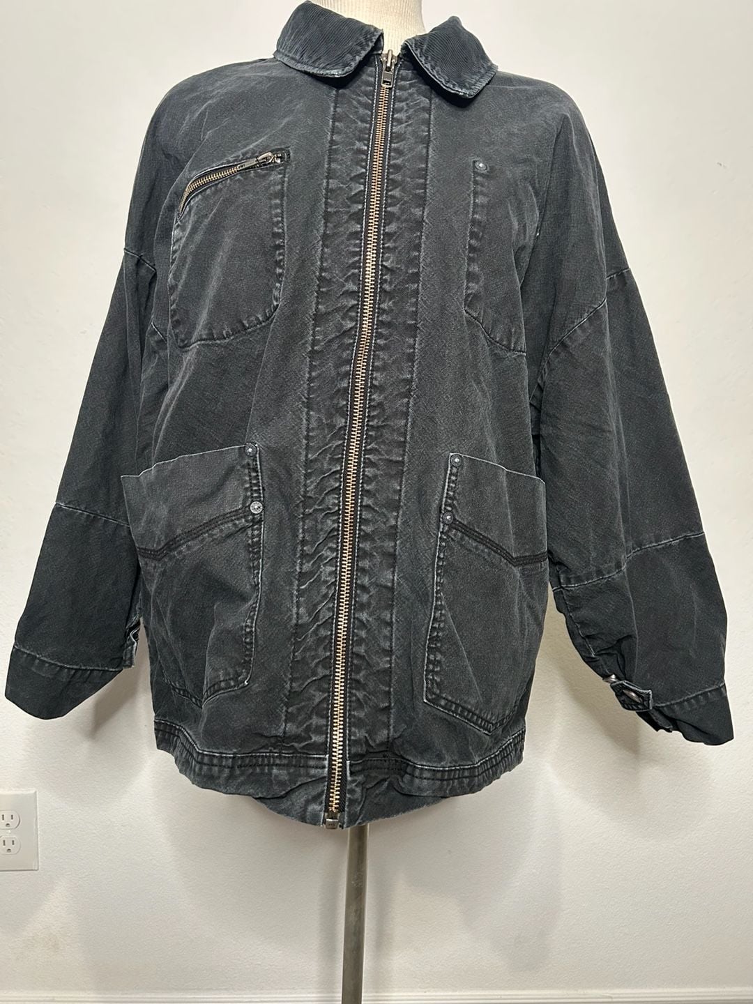 We The Free Jacket Size M Black Denim Utility Zip Cordcollar 2