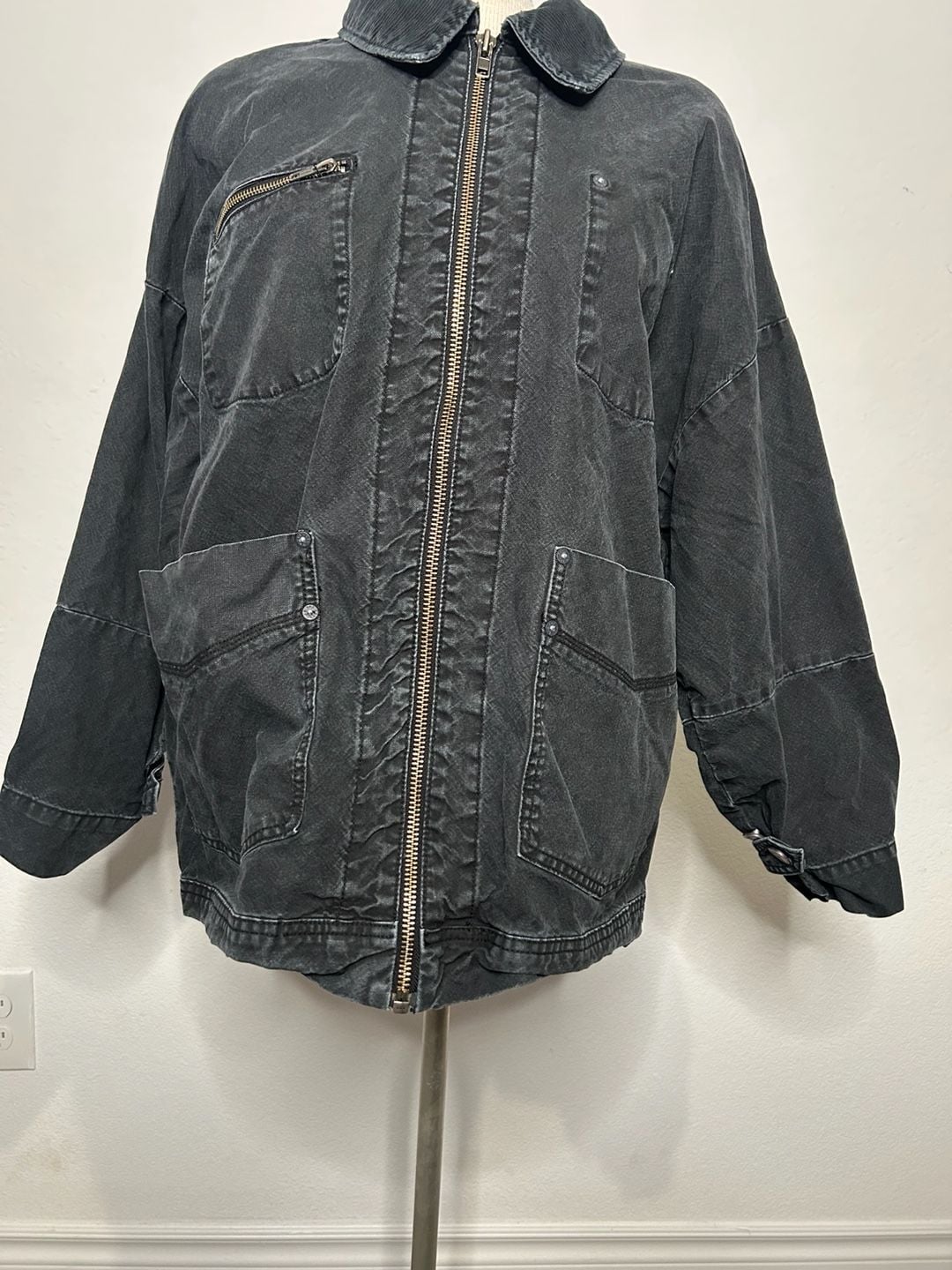 We The Free Jacket Size M Black Denim Utility Zip Cordcollar 9