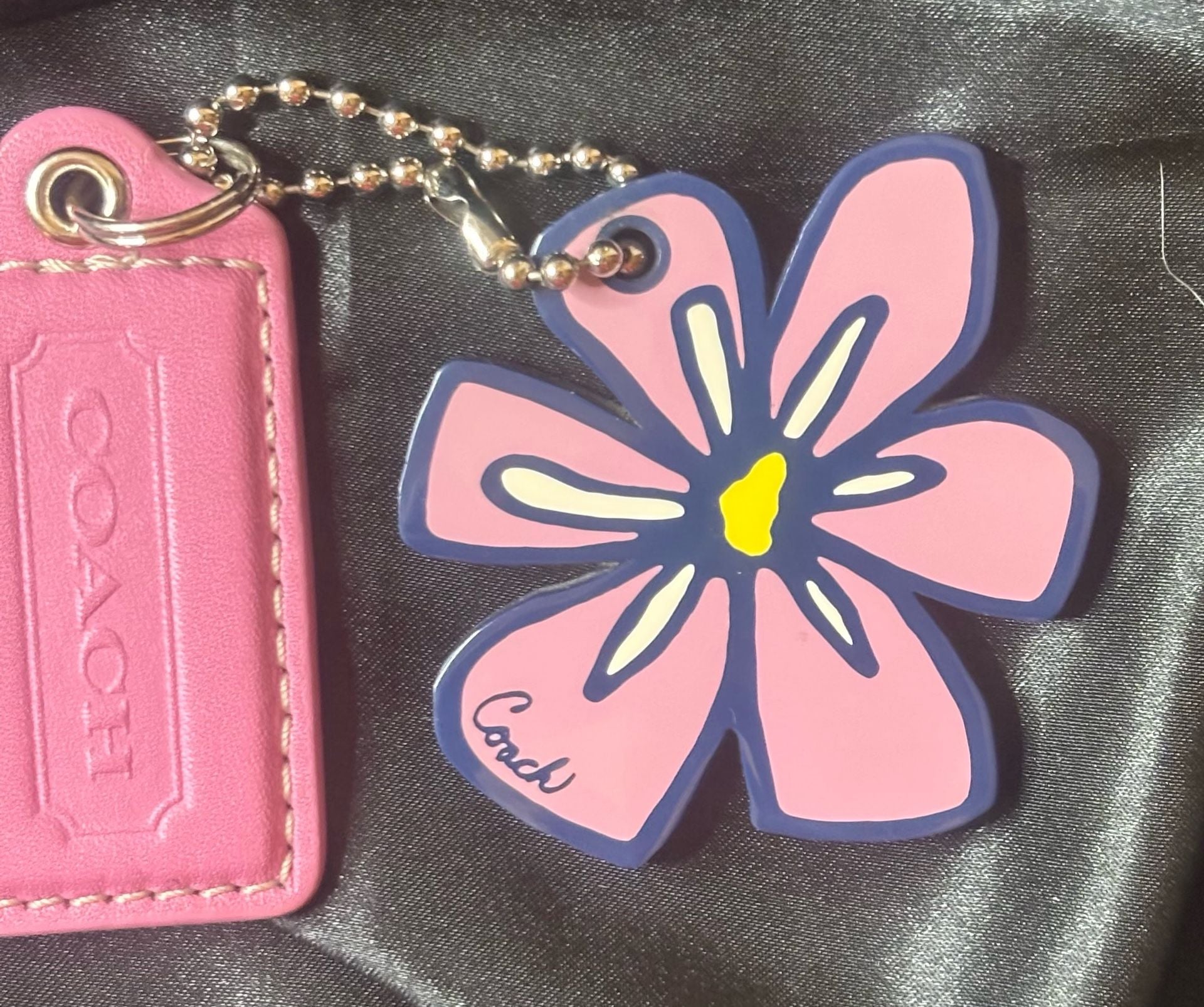 Coach Pink Leather Hangtag Charm With Coach Flower 5