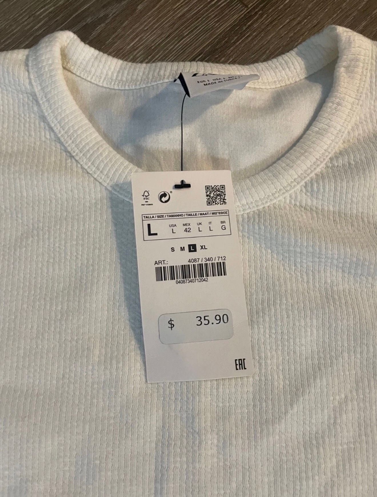 Zara Waffle Knit Long Sleeve Thermal Shirt Size L White 3