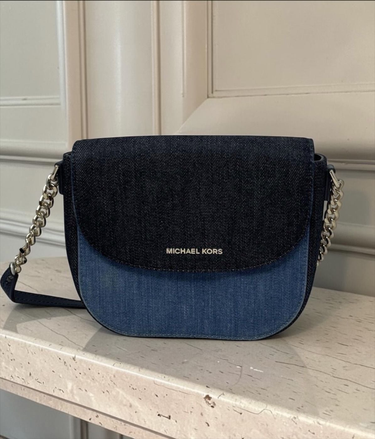 Michael Kors Denim Crossbody Bag Blue Leather Chain 2