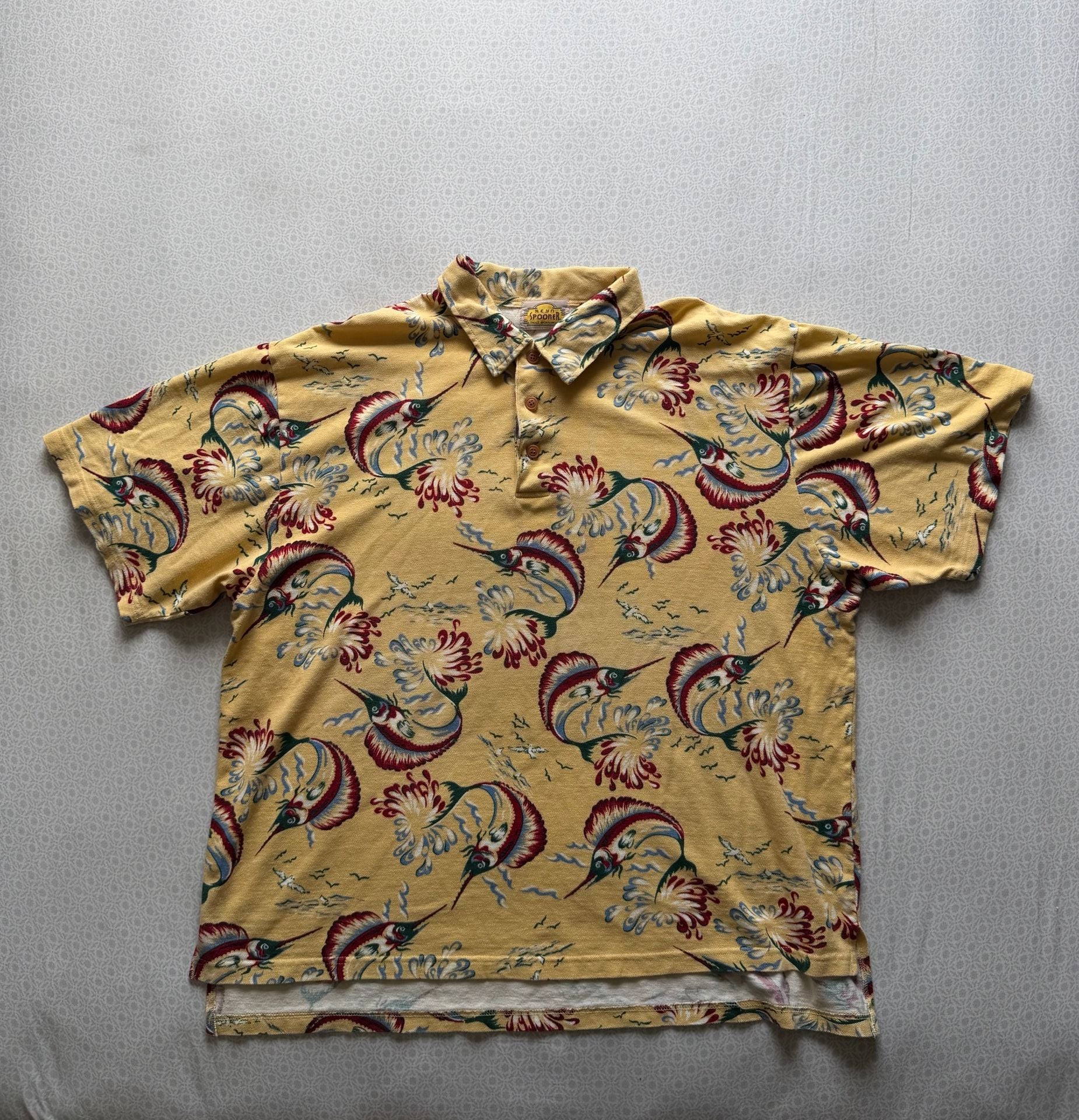 Reyn Spooner Polo Shirt Yellow Marlin Fish Print 1