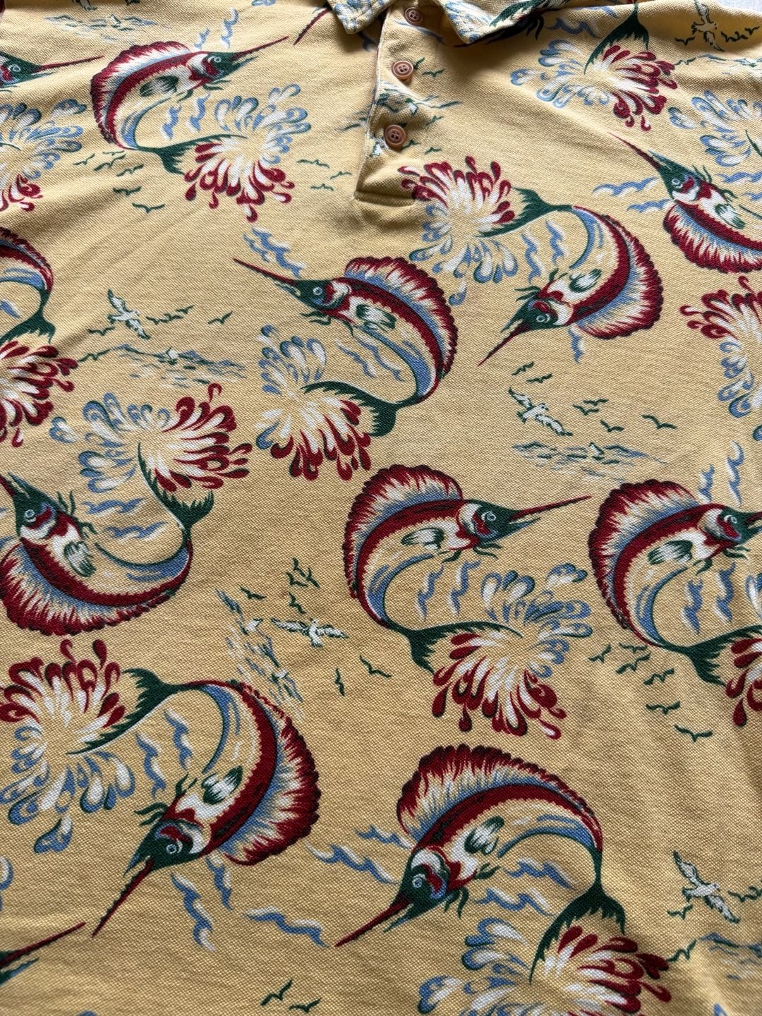 Reyn Spooner Polo Shirt Yellow Marlin Fish Print 2