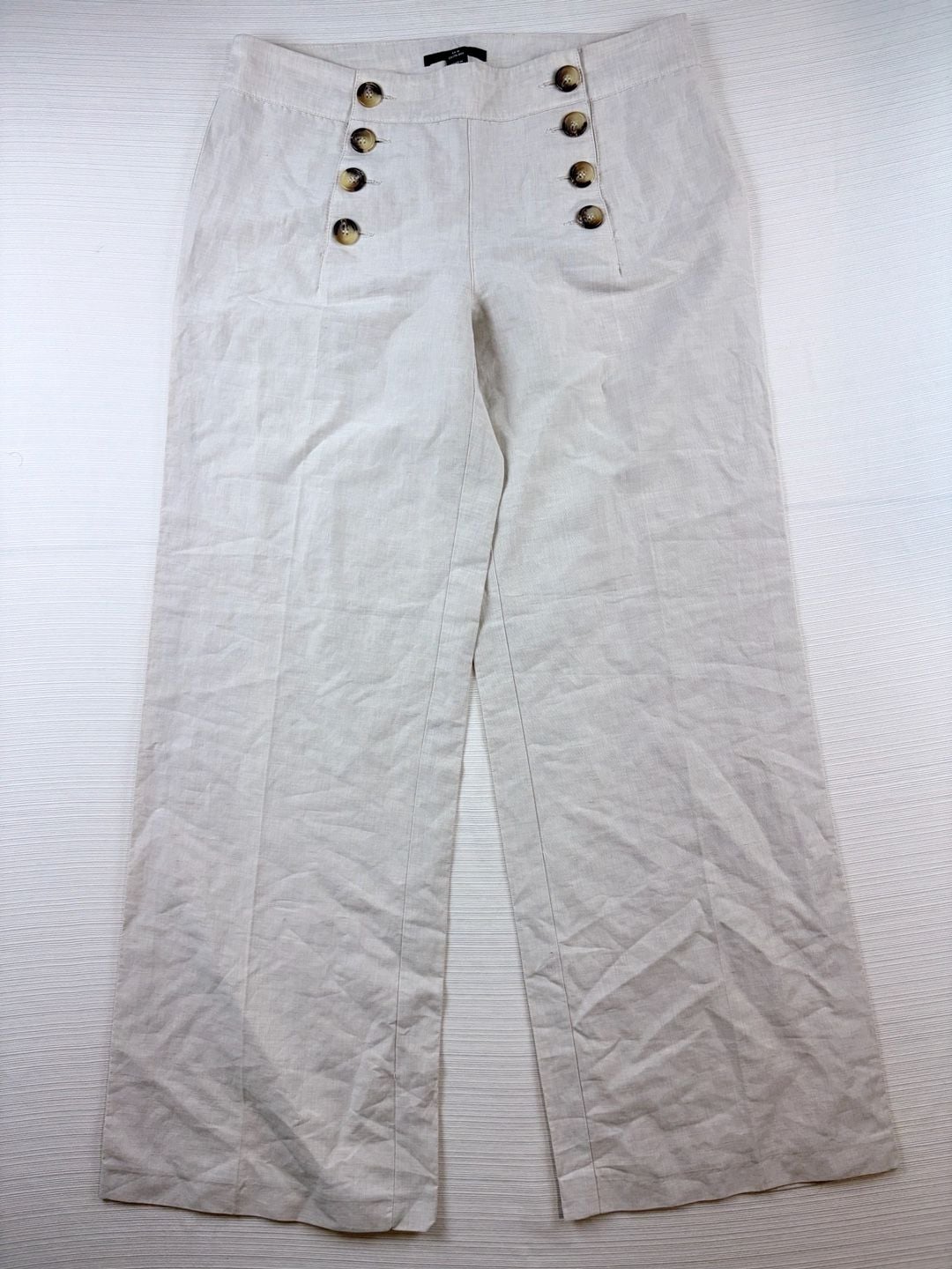 H&M Linen Blend Sailor Pants Size 12 Beige Wide Leg Button Front 2