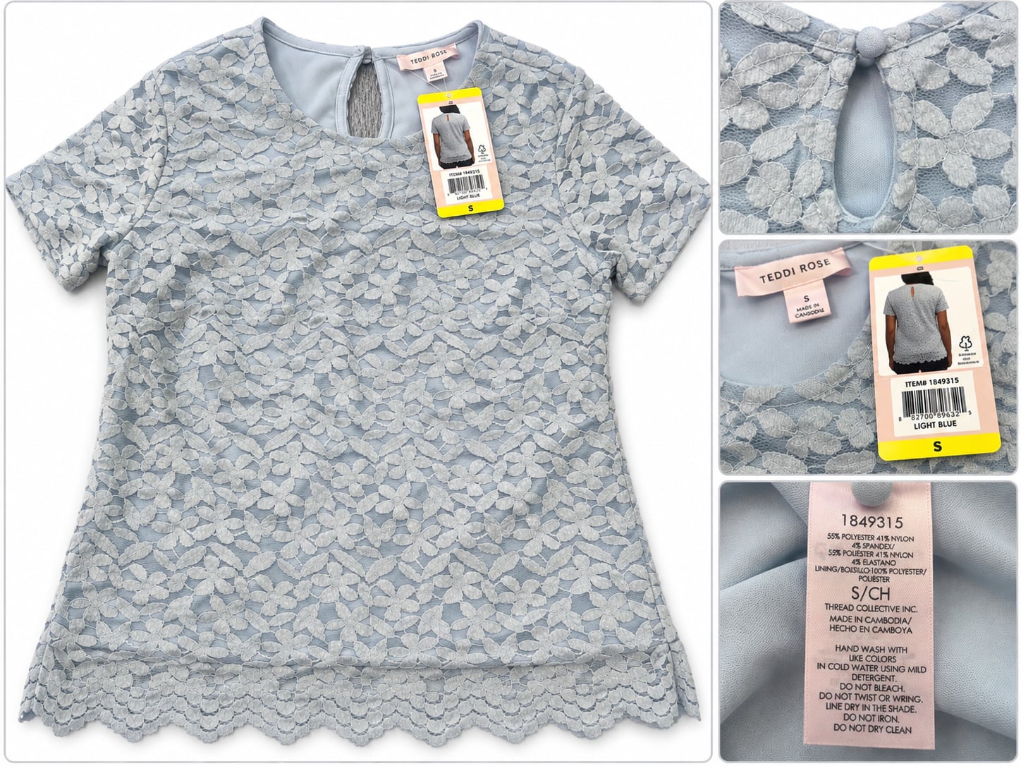 Teddi Rose Women's Floral Lace Blouse Light Blue Size S Short Sleeve NWT 2