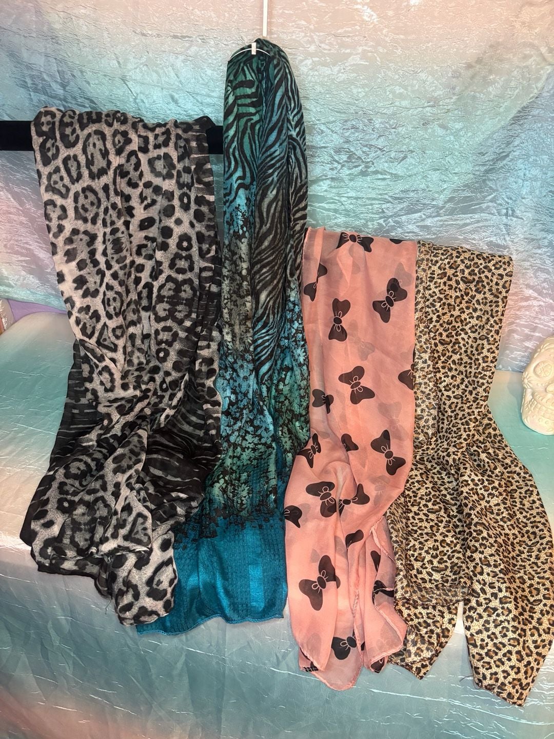 Lot Of 4 Fashion Scarves Animal Print Pink Bows Blue Teal Black 2