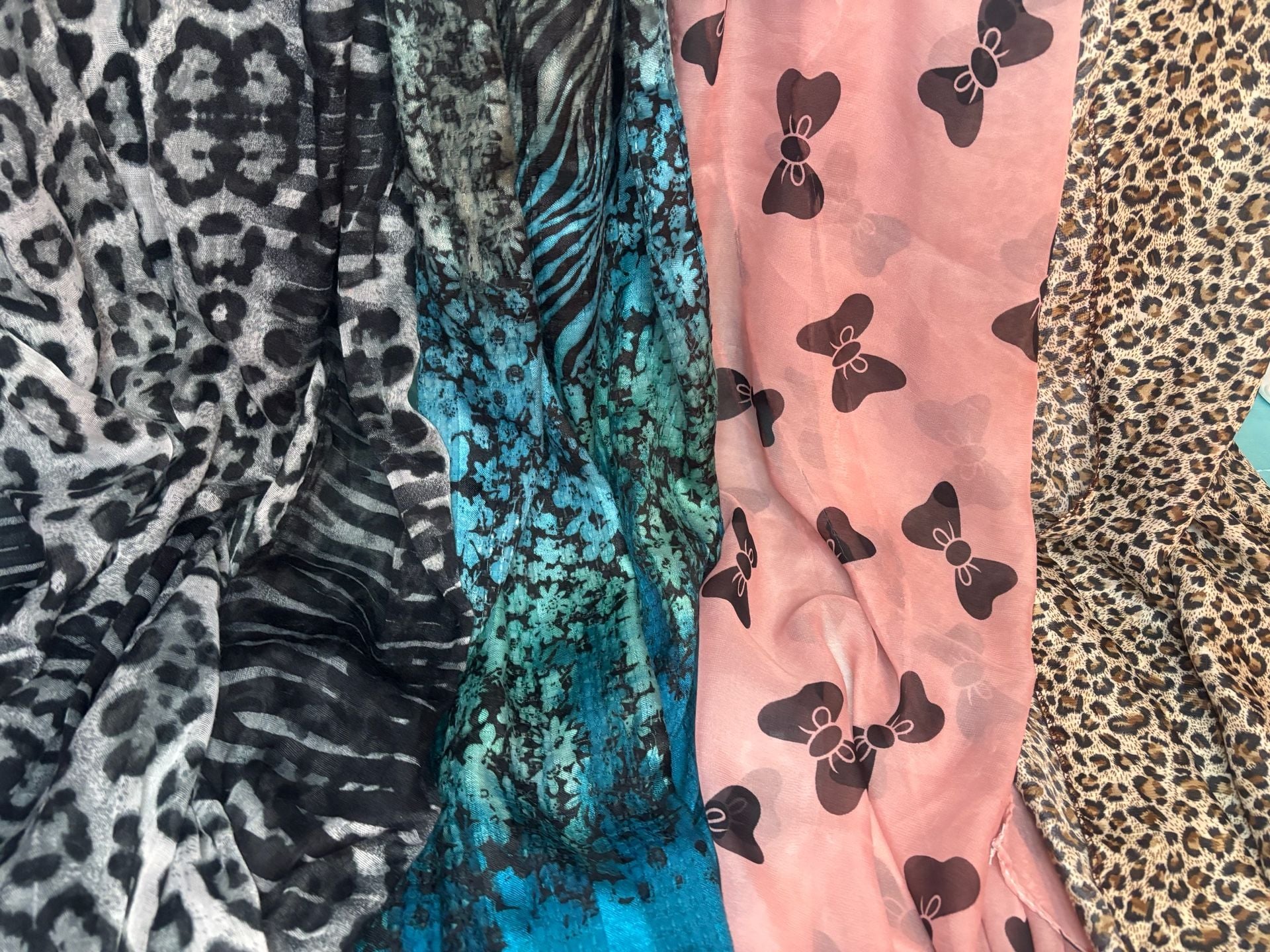 Lot Of 4 Fashion Scarves Animal Print Pink Bows Blue Teal Black 3
