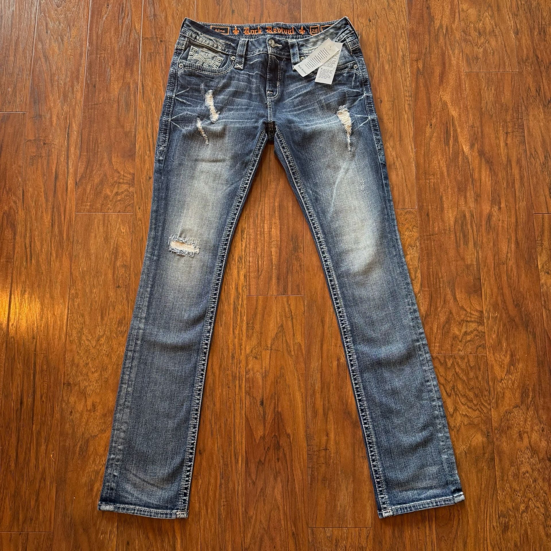 Rock Revival Alivia Straight Jeans Womens 29 Distressed Blue Denim Flap Pock NWT 2
