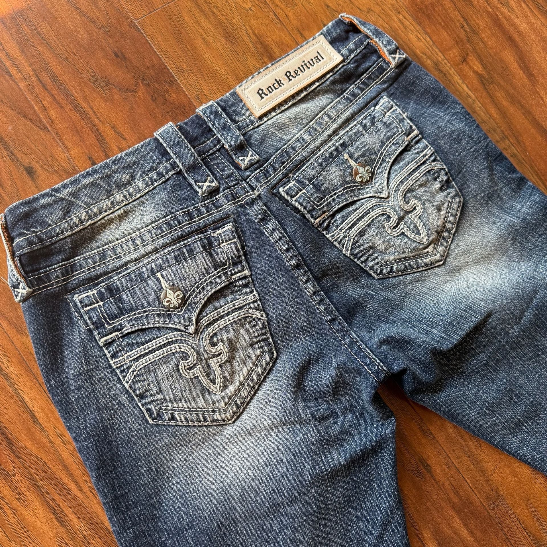 Rock Revival Alivia Straight Jeans Womens 29 Distressed Blue Denim Flap Pock NWT 6