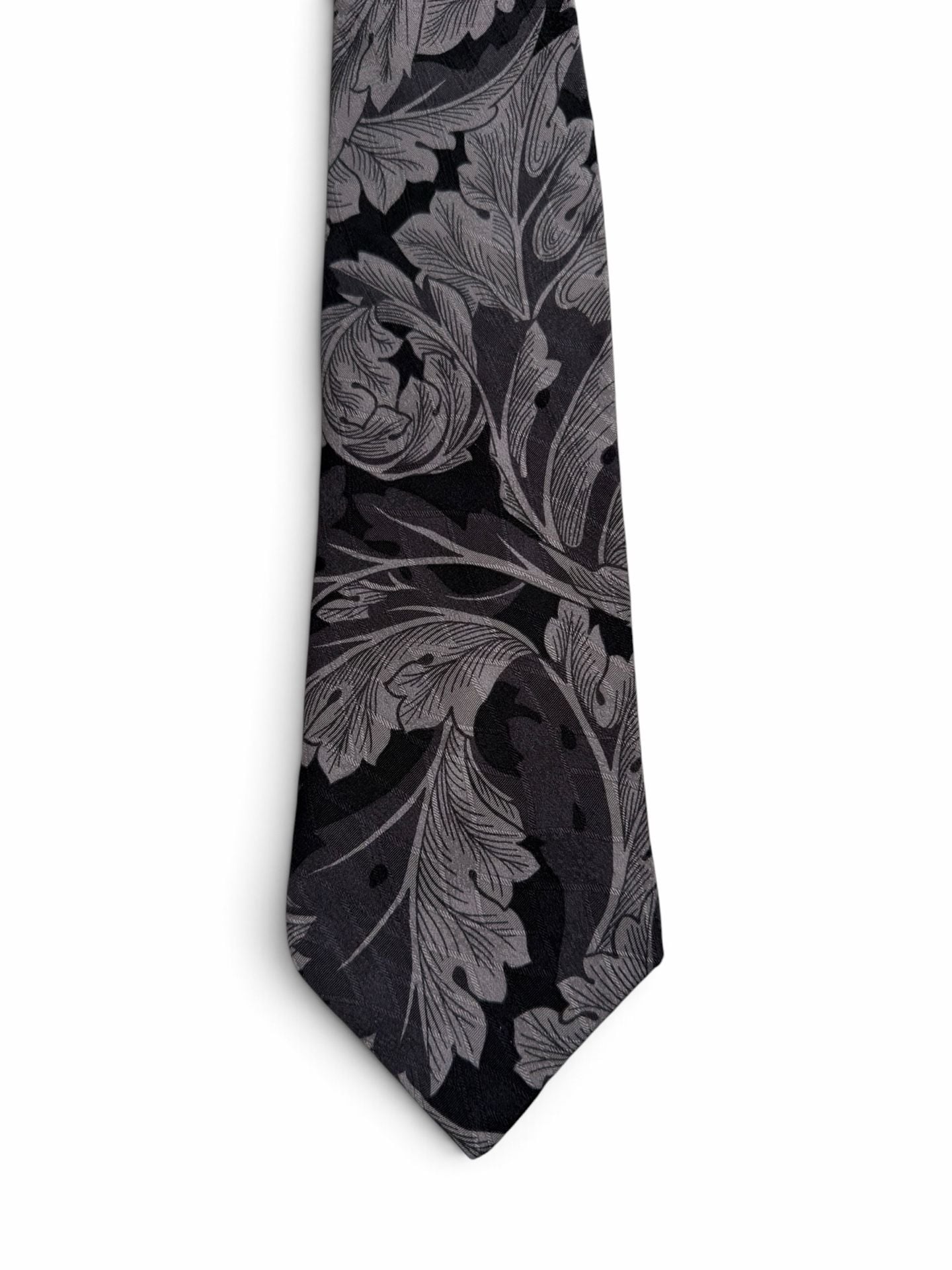 Canali Milano Silk Tie Gray Black Floral Leaf Pattern 1
