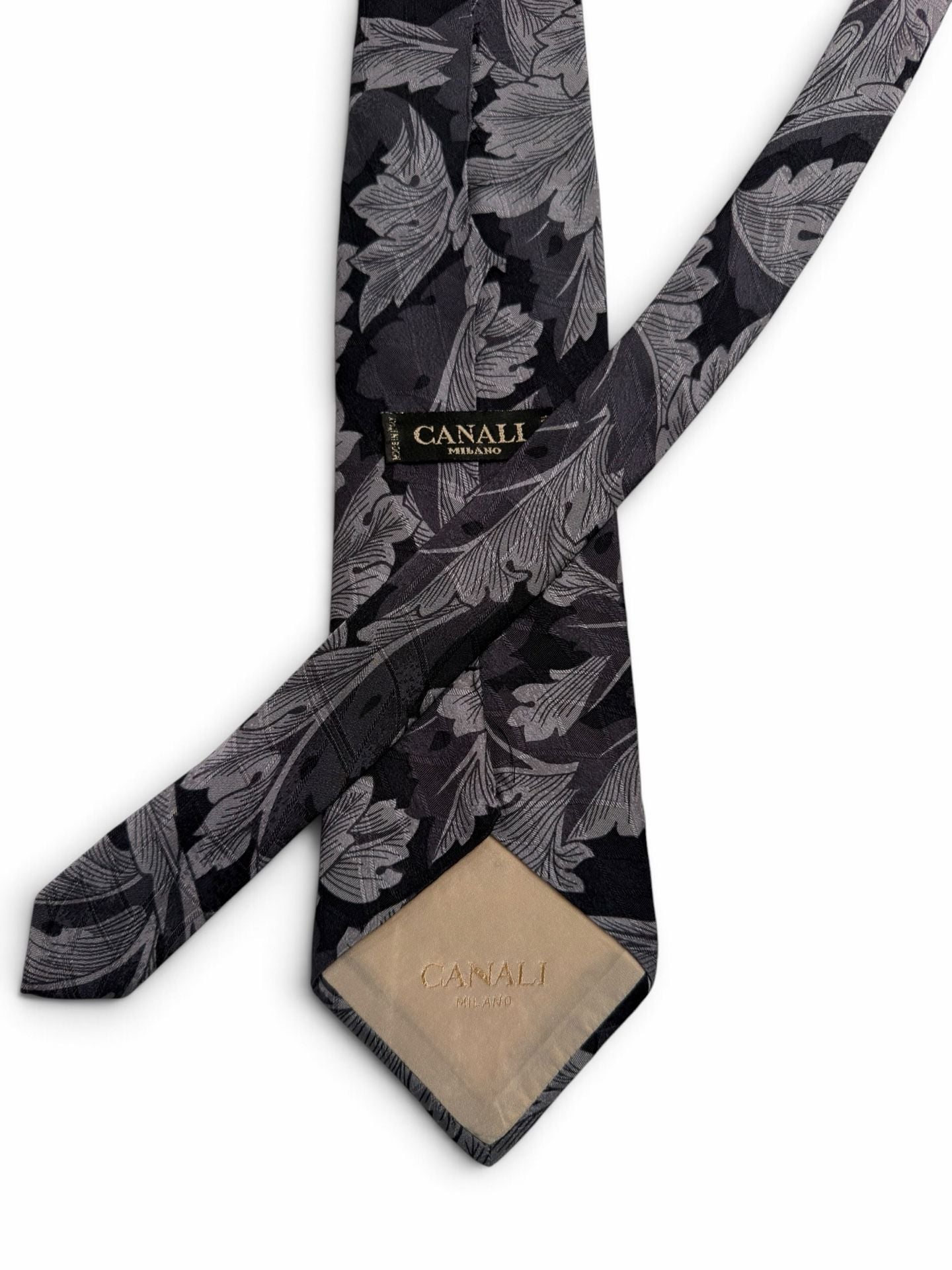 Canali Milano Silk Tie Gray Black Floral Leaf Pattern 2