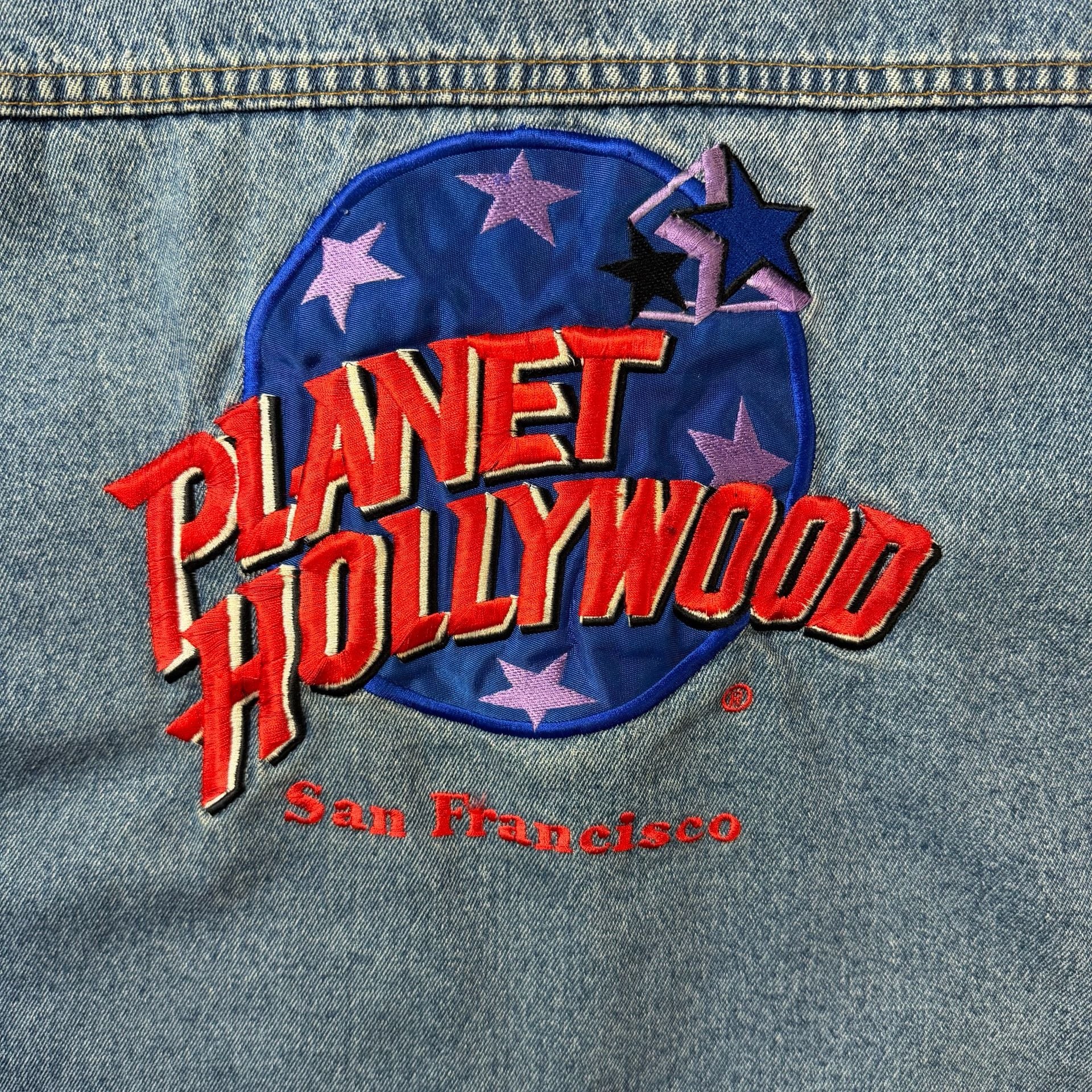 • Vintage 90s Planet Hollywood San Francisco Denim Jacket Small Big Logo Back 8