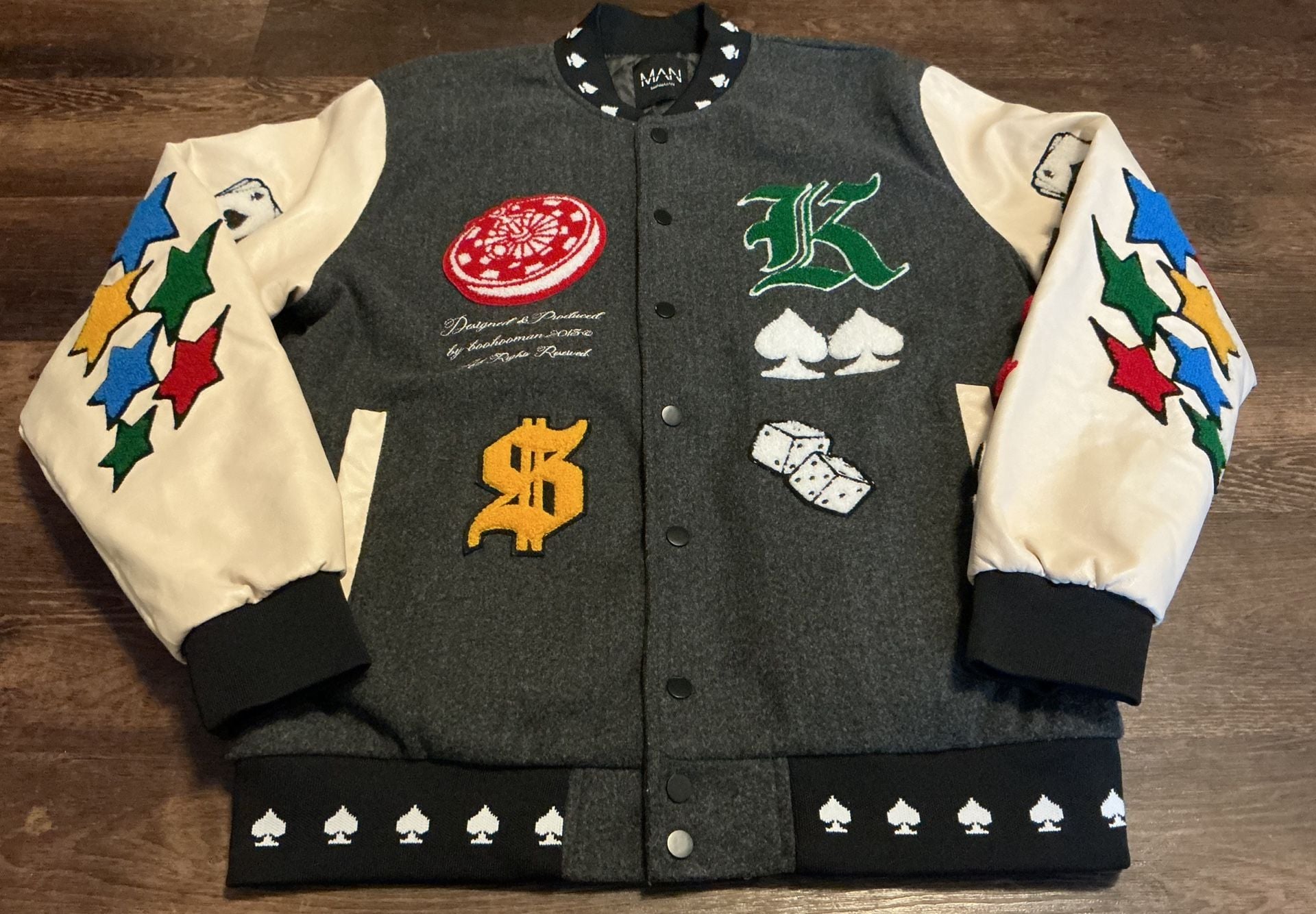 BoohooMAN Varsity Jacket Size Large Grey Wool Leather Patches 3