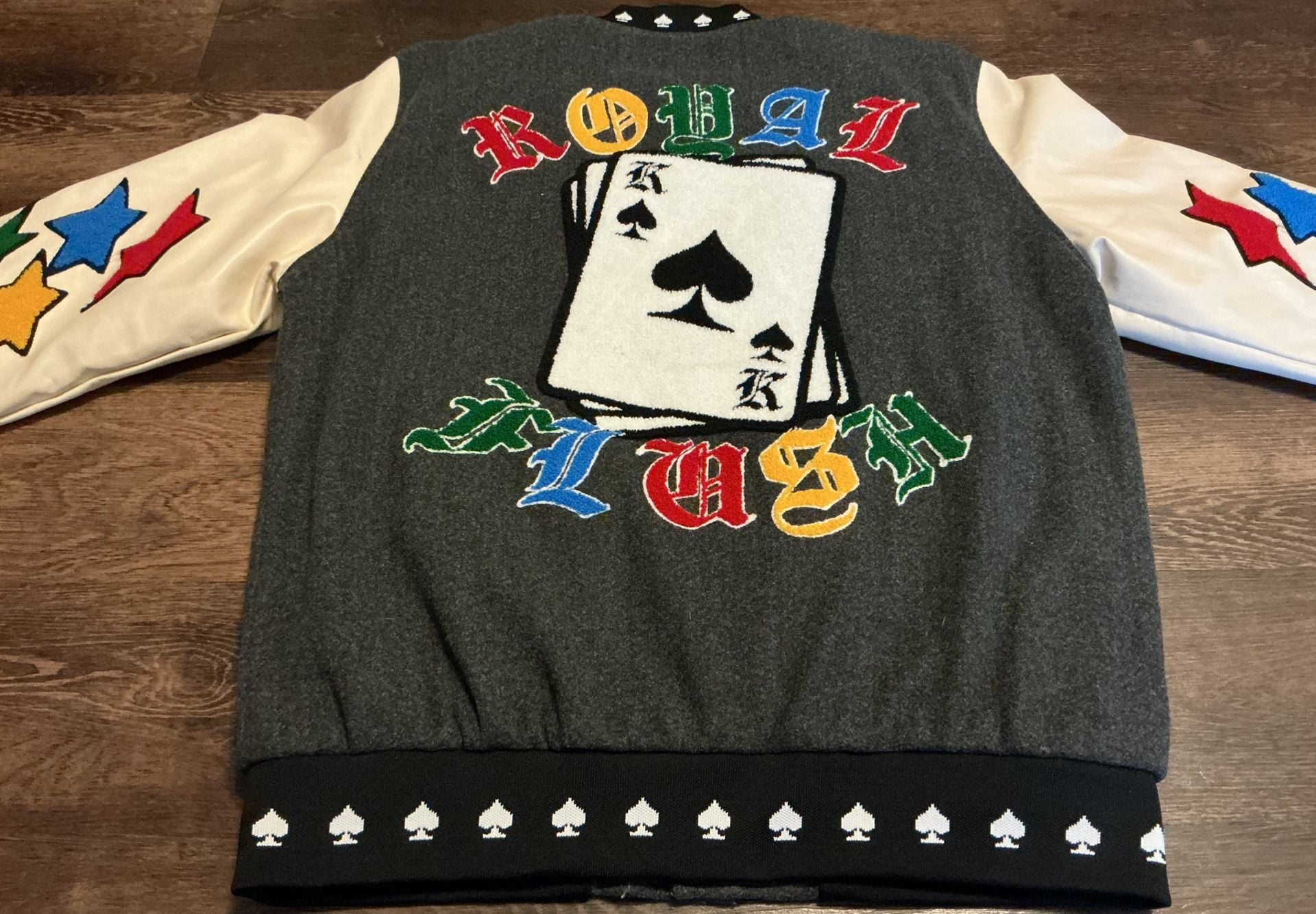 BoohooMAN Varsity Jacket Size Large Grey Wool Leather Patches 6