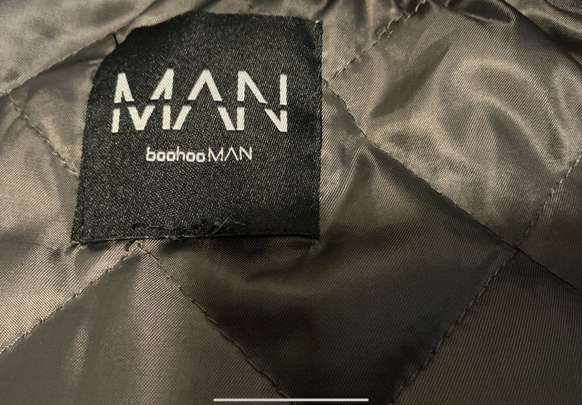 BoohooMAN Varsity Jacket Size Large Grey Wool Leather Patches 11