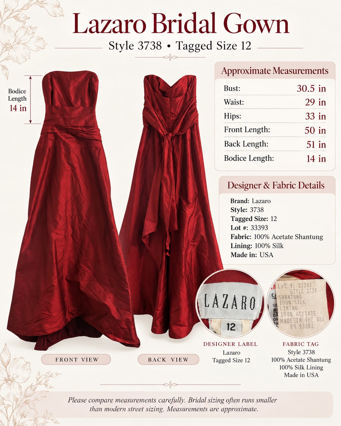 Lazaro Burgundy Red Strapless Bridal Wedding Gown Size 12 Style 3738. 2