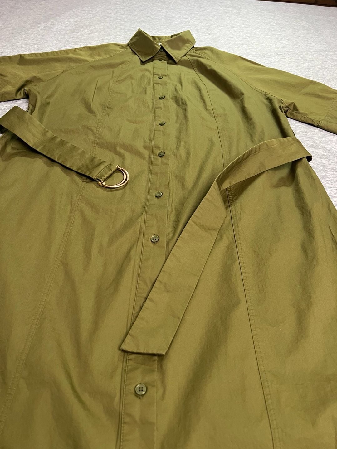 H&M Women’s Olive Green 100% Cotton Belted Midi Shirt Dress Size L 9