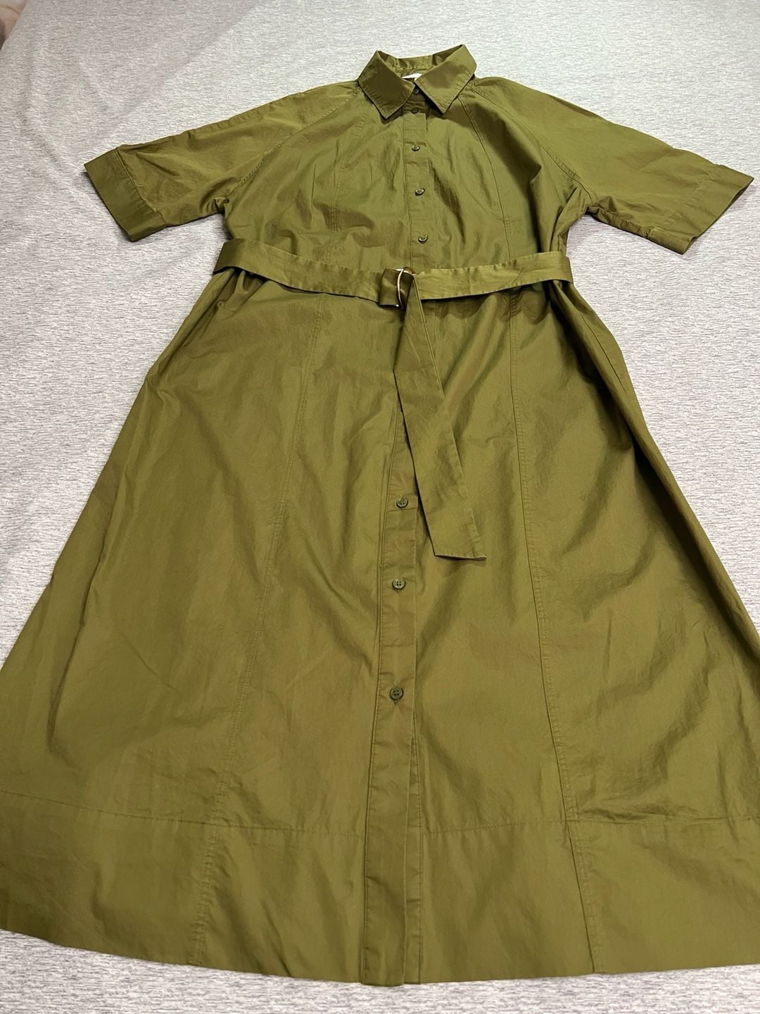H&M Women’s Olive Green 100% Cotton Belted Midi Shirt Dress Size L 13