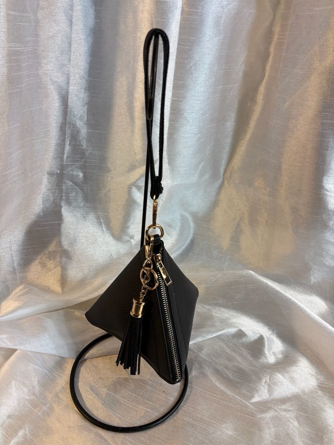 Unbranded Black Faux Leather Triangle Wristlet Pouch with Tassel 2
