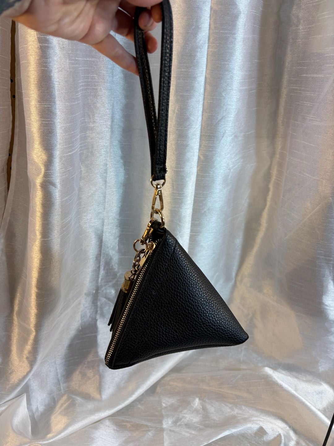 Unbranded Black Faux Leather Triangle Wristlet Pouch with Tassel 3