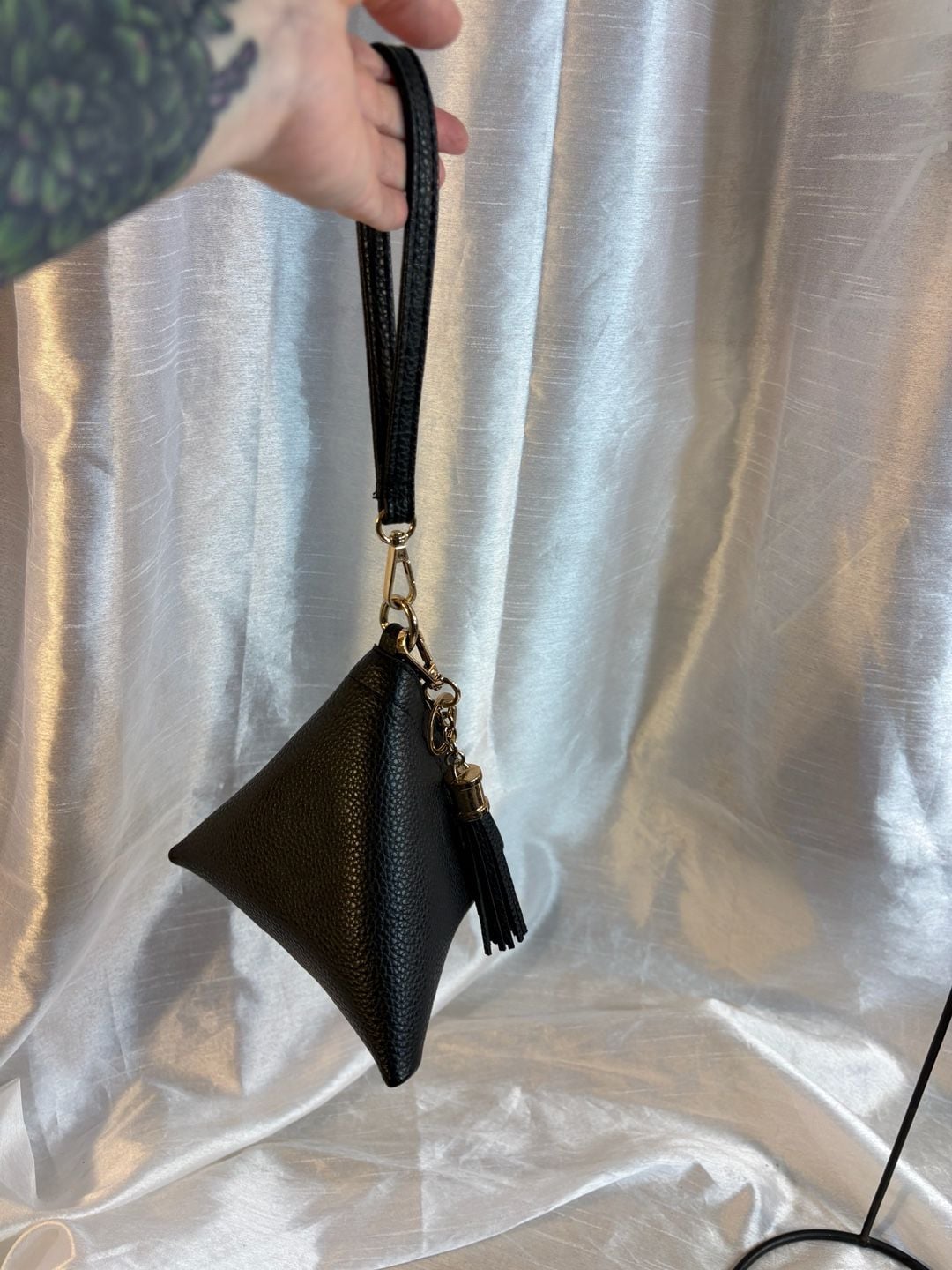 Unbranded Black Faux Leather Triangle Wristlet Pouch with Tassel 4