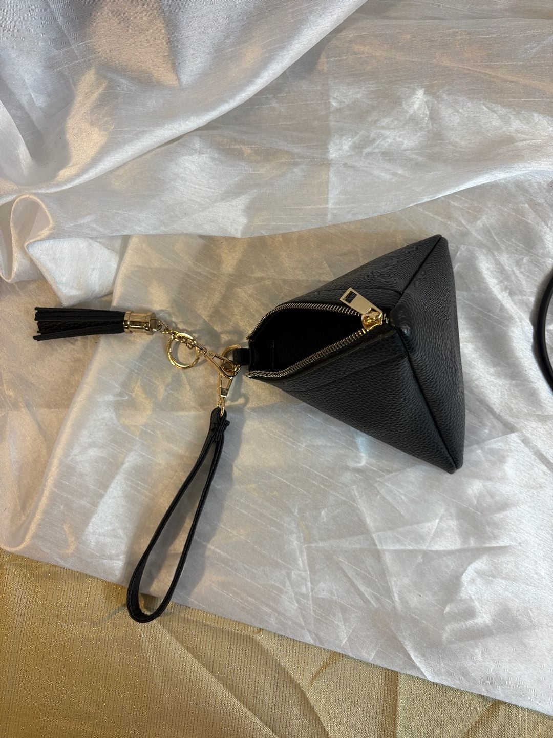 Unbranded Black Faux Leather Triangle Wristlet Pouch with Tassel 6