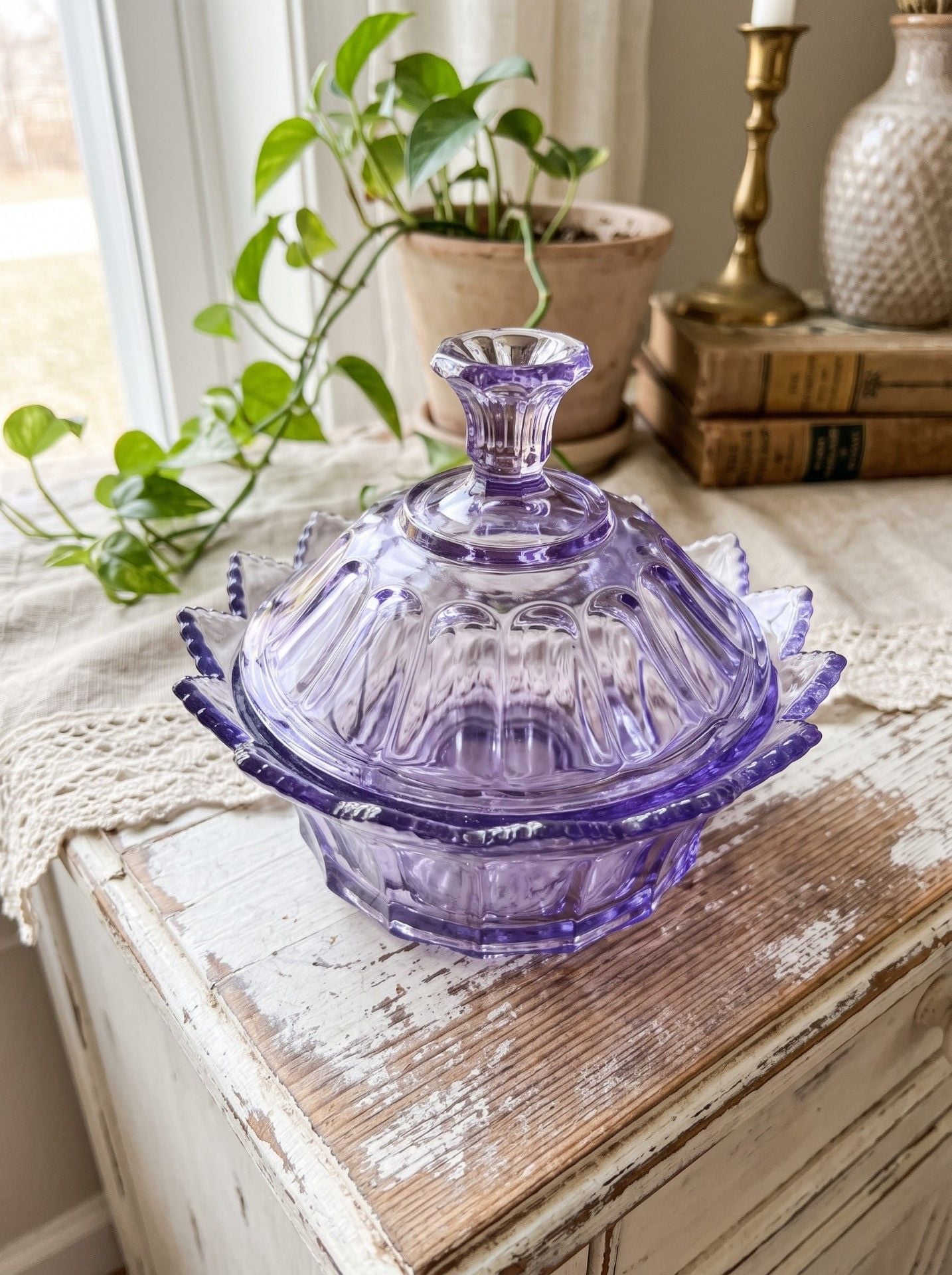 Vintage Purple Glass Covered Candy Dish Scalloped Edge 1