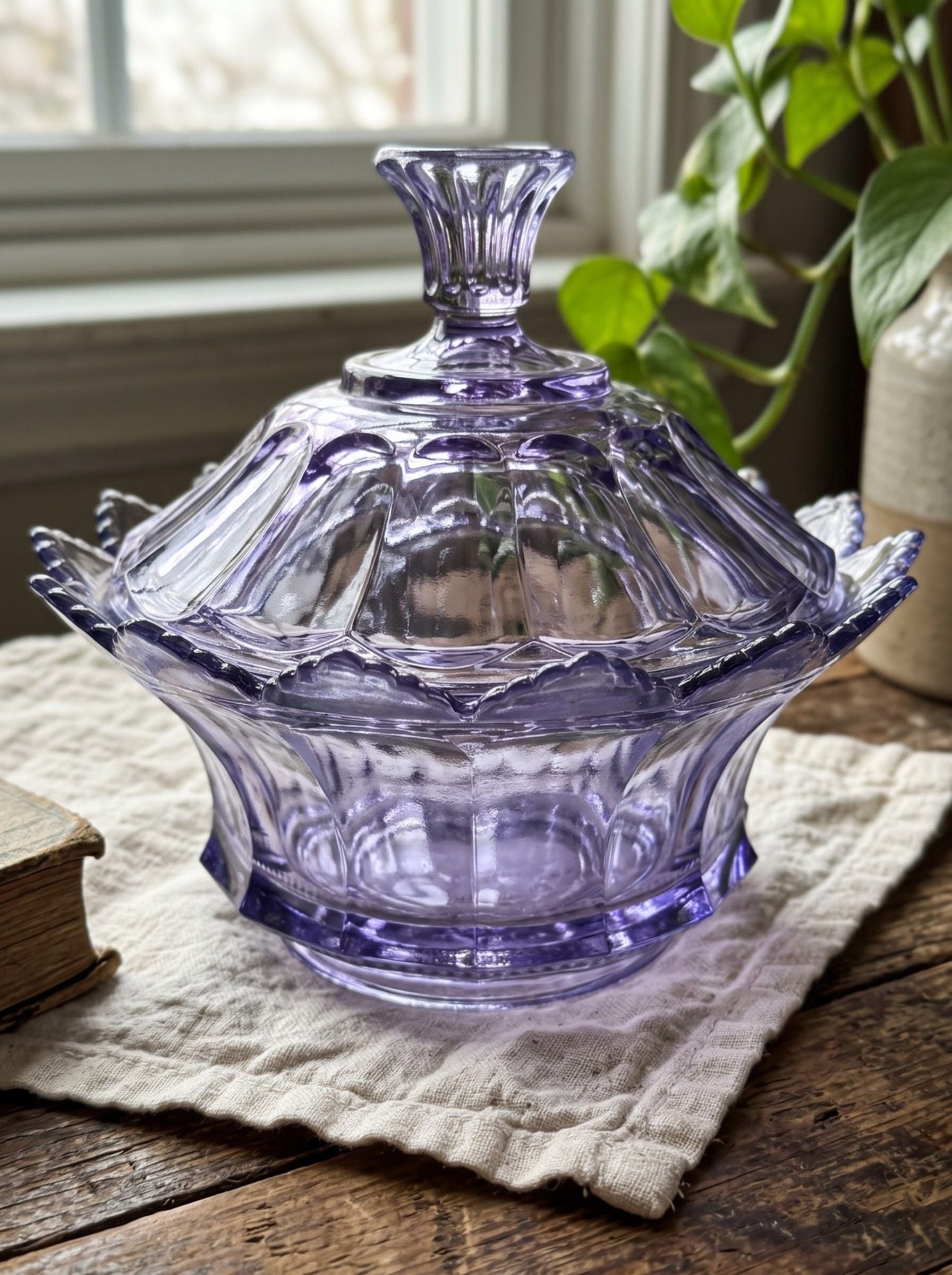 Vintage Purple Glass Covered Candy Dish Scalloped Edge 5