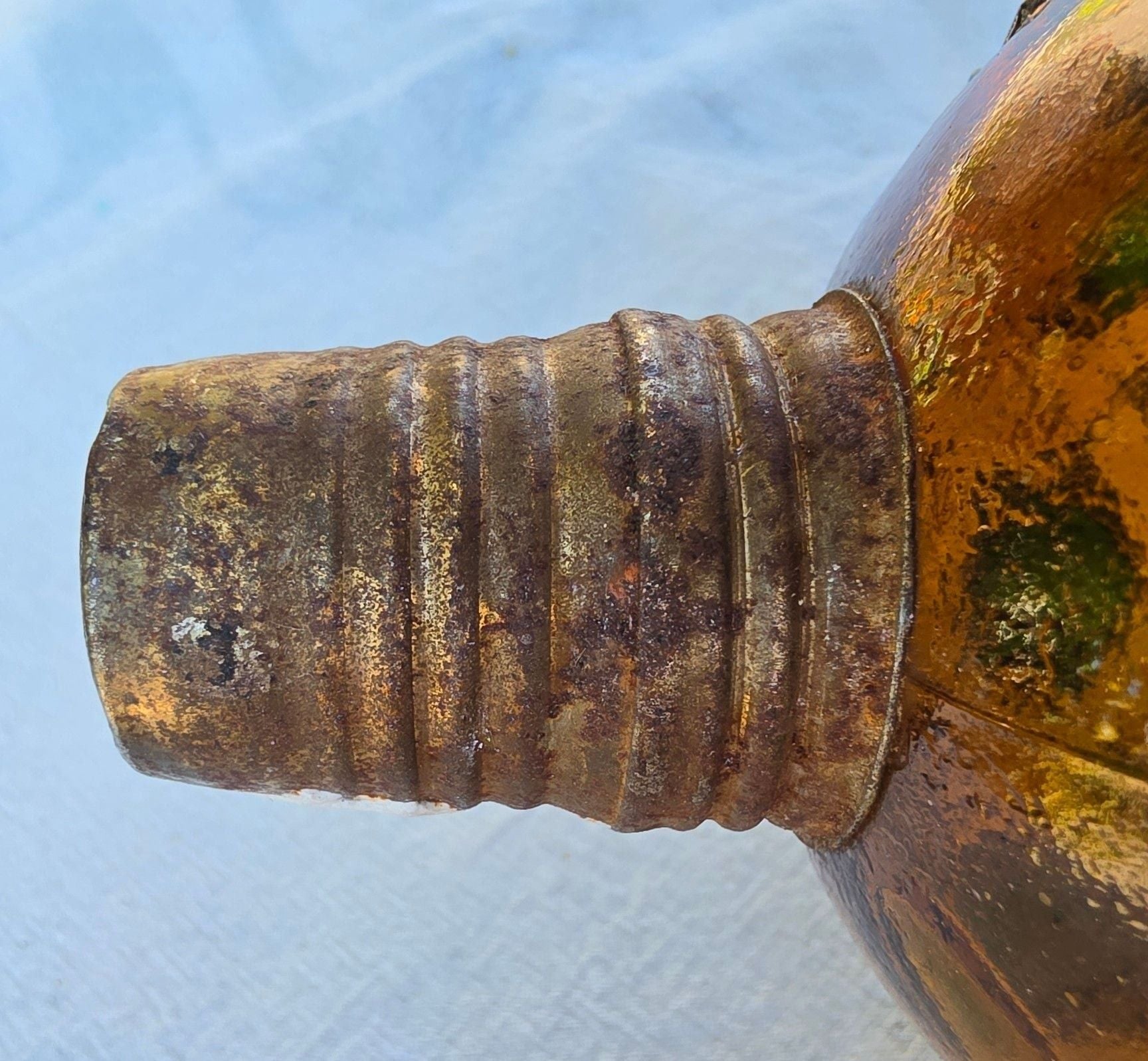 Vintage Amber And Green Glass Oil Lamp Font With Ornate Rusty Burner 2