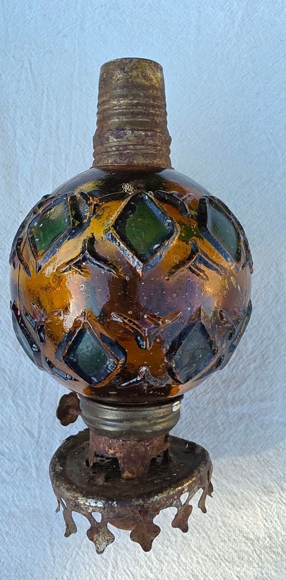 Vintage Amber And Green Glass Oil Lamp Font With Ornate Rusty Burner 4