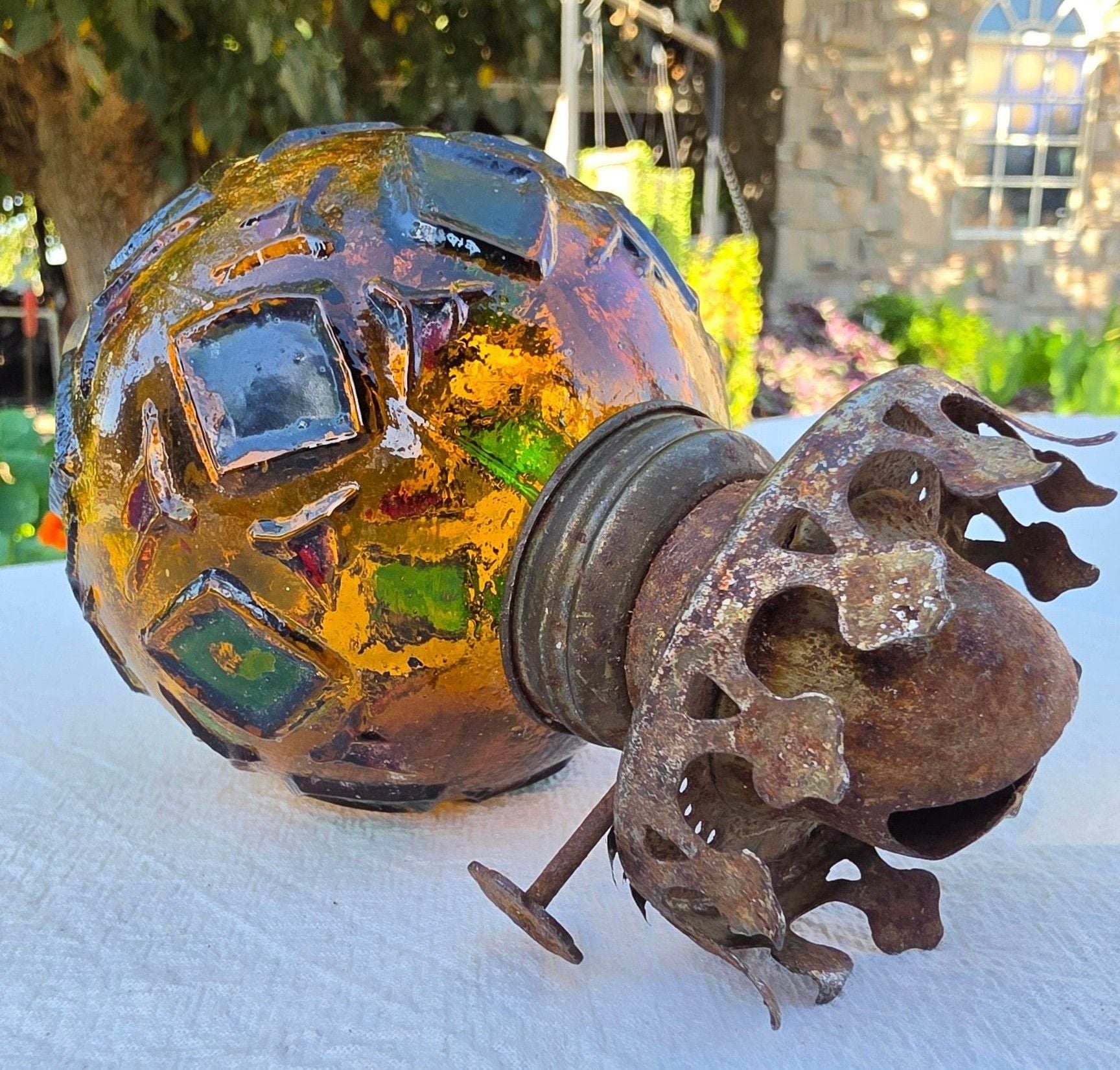 Vintage Amber And Green Glass Oil Lamp Font With Ornate Rusty Burner 3