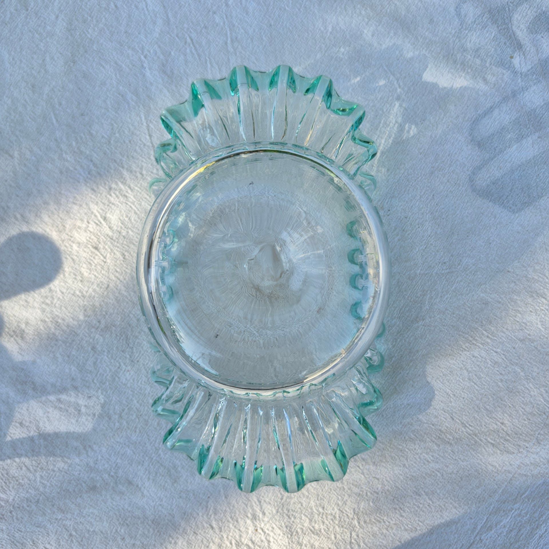 Vintage Art Glass Ruffled Edge Clear And Green Bowl 3