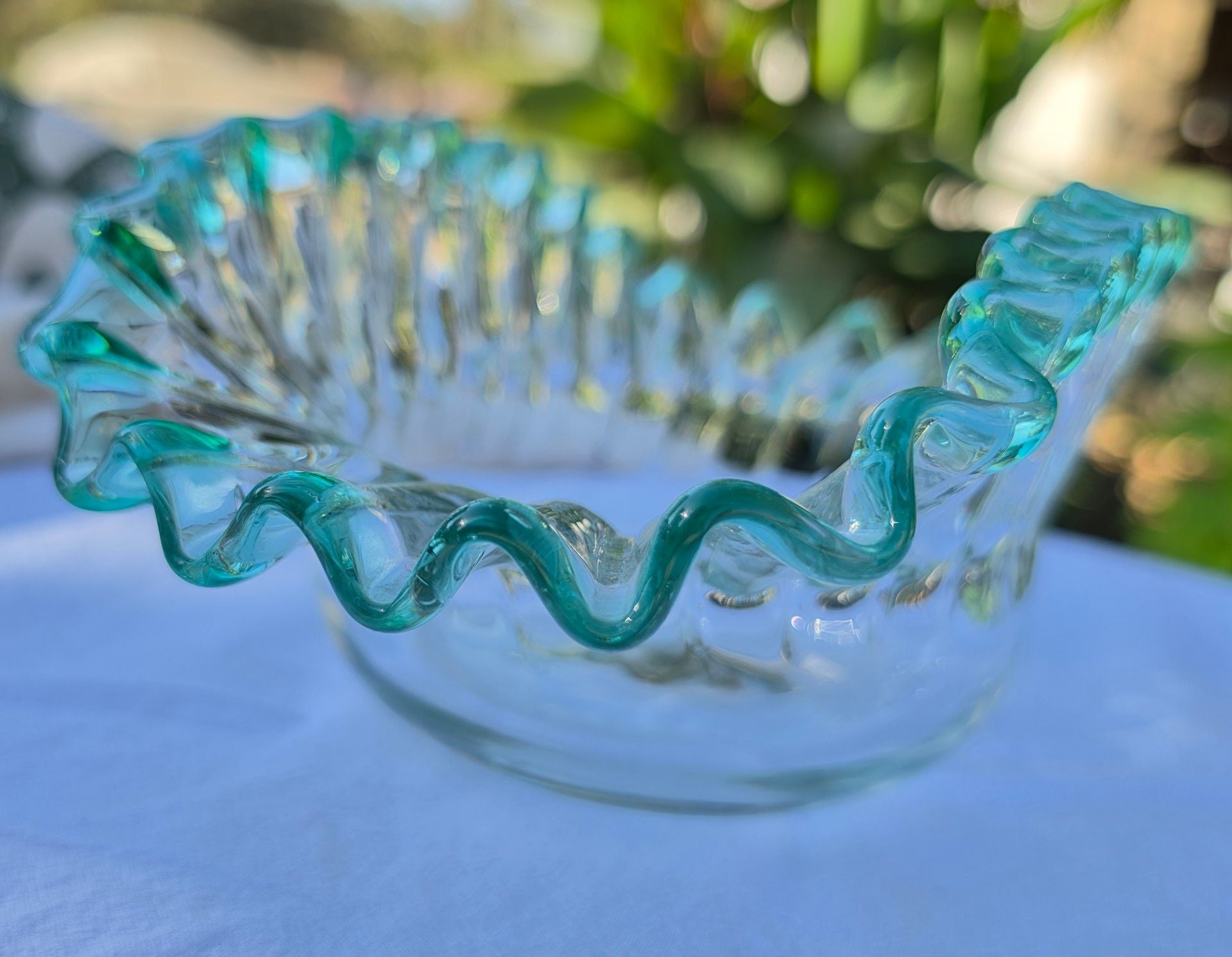Vintage Art Glass Ruffled Edge Clear And Green Bowl 8