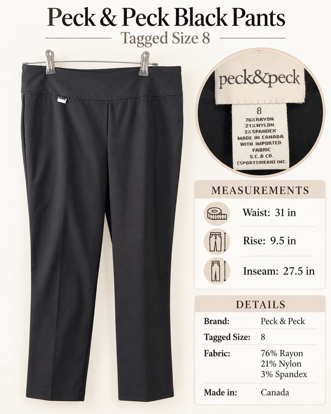 Peck & Peck Women's Black Pull On Stretch Pants Size 8 Rayon Blend Trousers 6