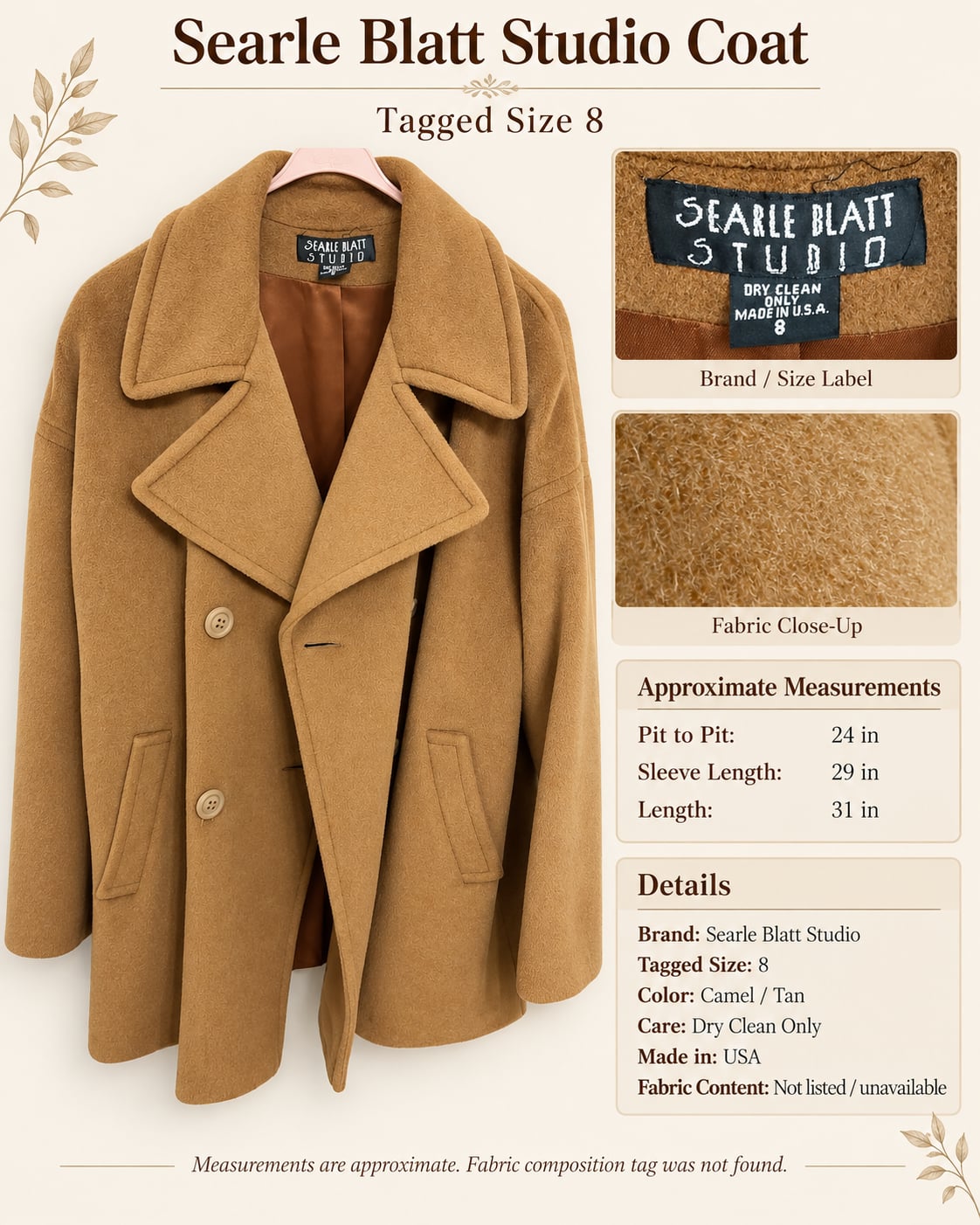 Searle Blatt Studio Double Breasted Wool Coat Size 8 Camel Tan Vintage 7