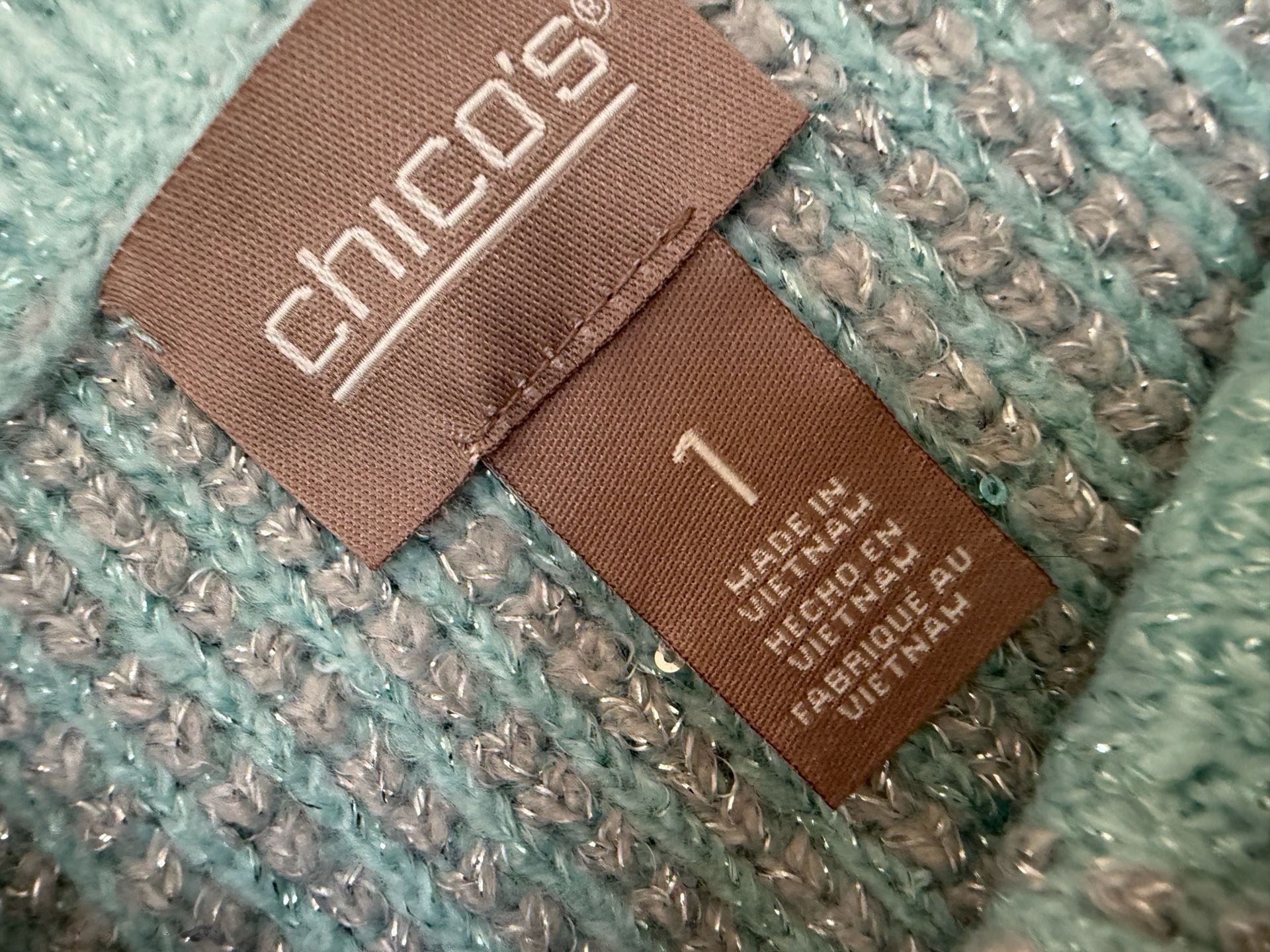 Chico's Colorblock Sequin Sweater Size 1 Mint Pink 3/4 Sleeve 2