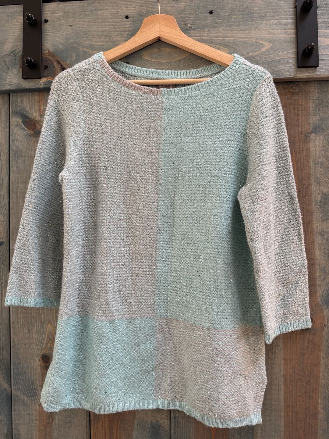 Chico's Colorblock Sequin Sweater Size 1 Mint Pink 3/4 Sleeve 3