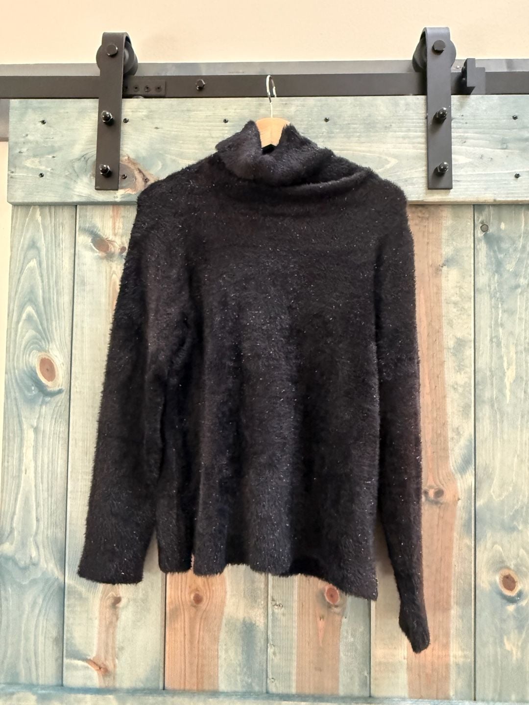 Chico's Turtleneck Sweater Size 2 Black Metallic Fuzzy Eyelash 3