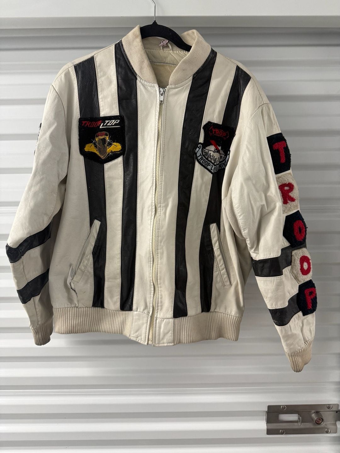 Troop Vintage Leather Bomber Jacket White Black 2